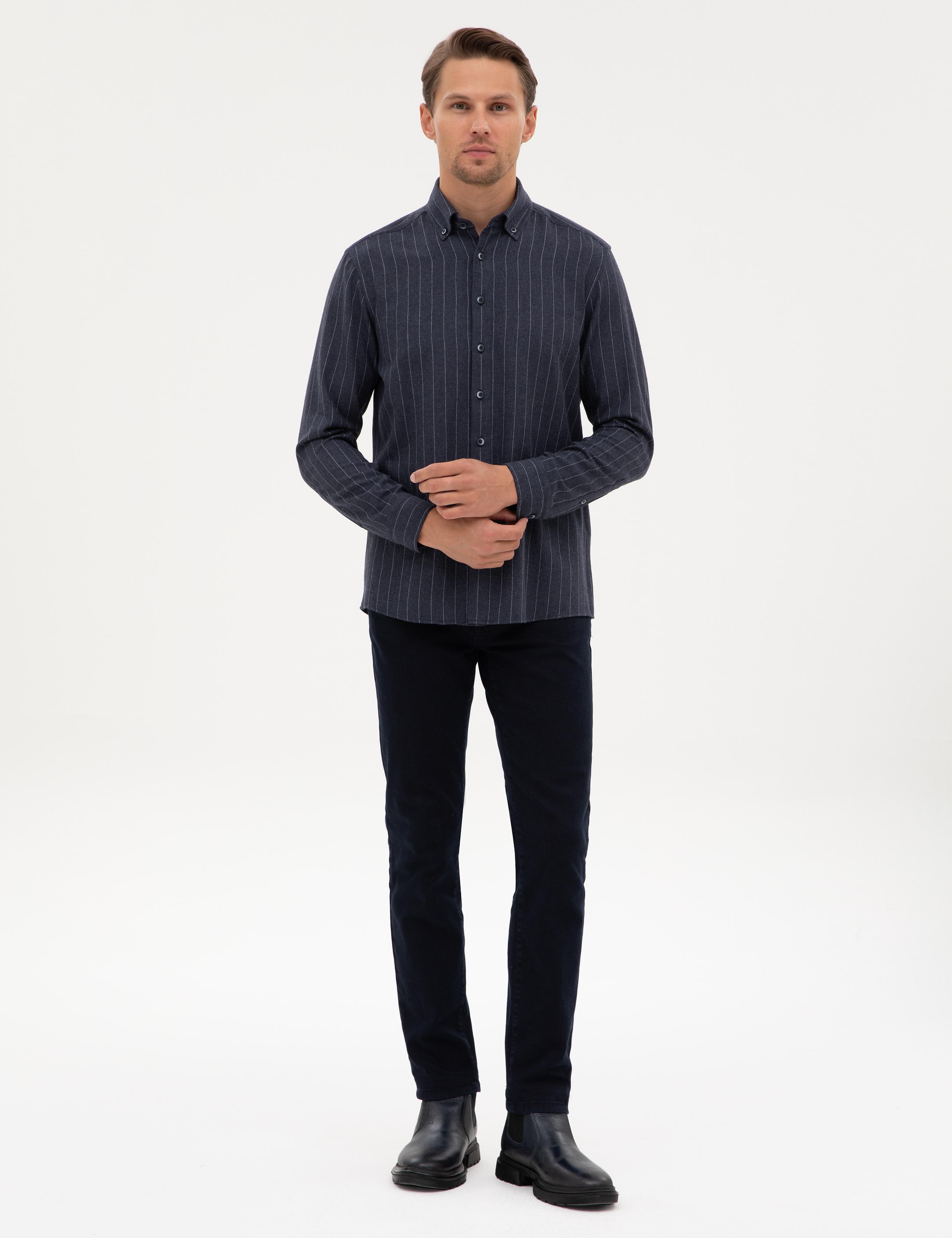 Lacivert Çizgili Regular Fit Uzun Kollu Gömlek