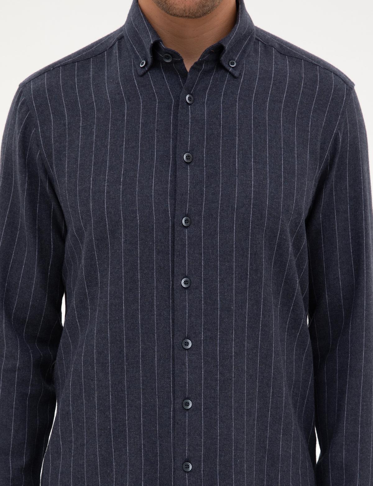 Lacivert Çizgili Regular Fit Uzun Kollu Gömlek - 50312366008