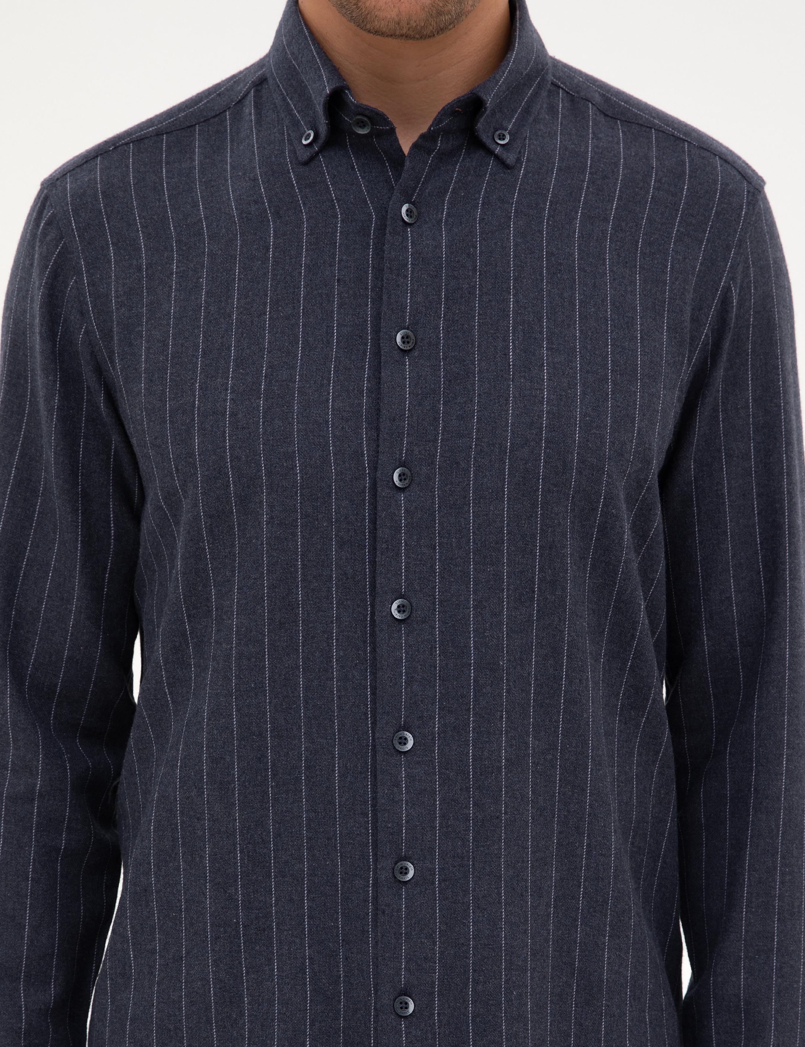 Lacivert Çizgili Regular Fit Uzun Kollu Gömlek