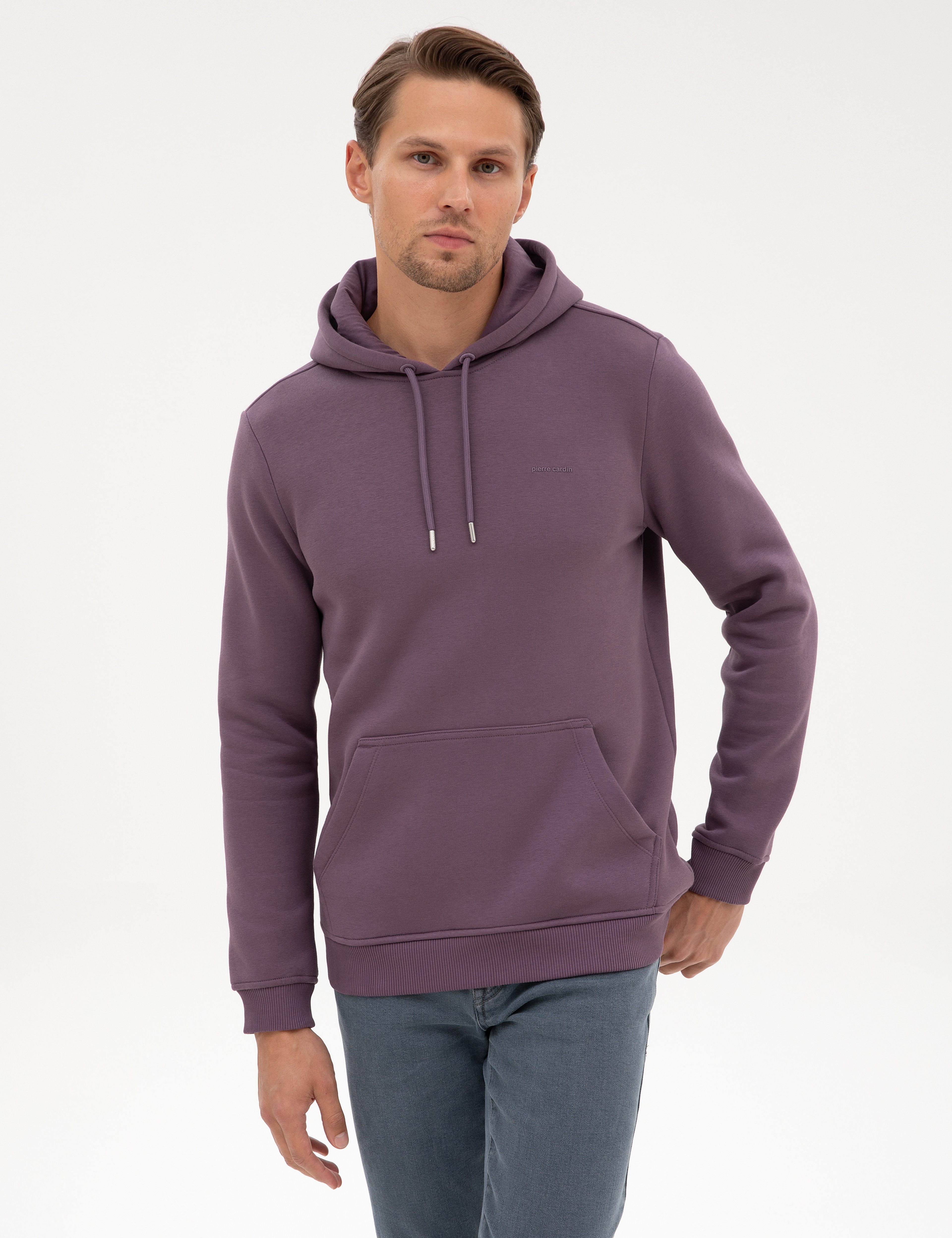 Mor 2 İplik Regular Fit Kapüşonlu Basic Sweatshirt - Image 1