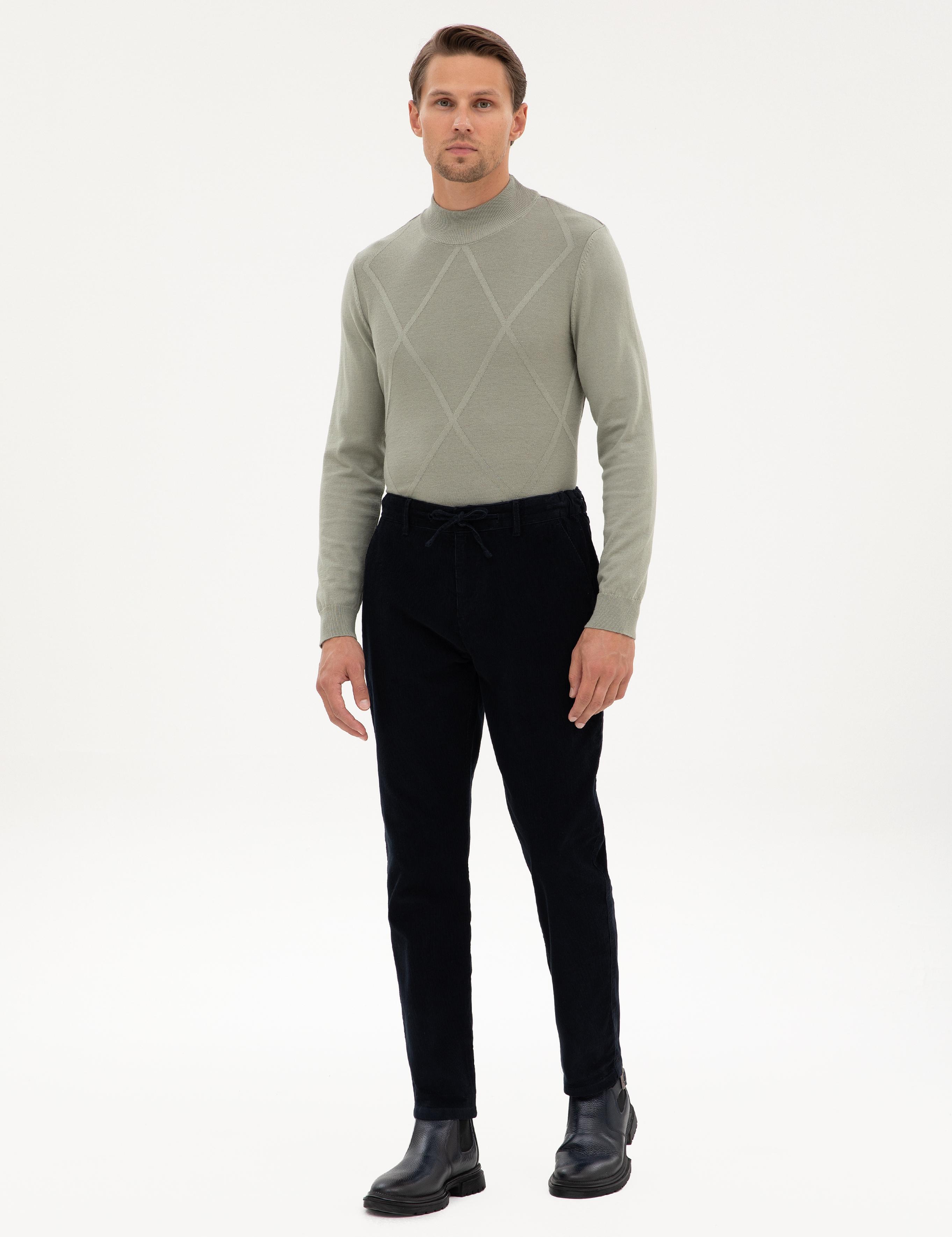 Lacivert Carrot Fit Beli Lastikli Kordonlu Kanvas Pantolon