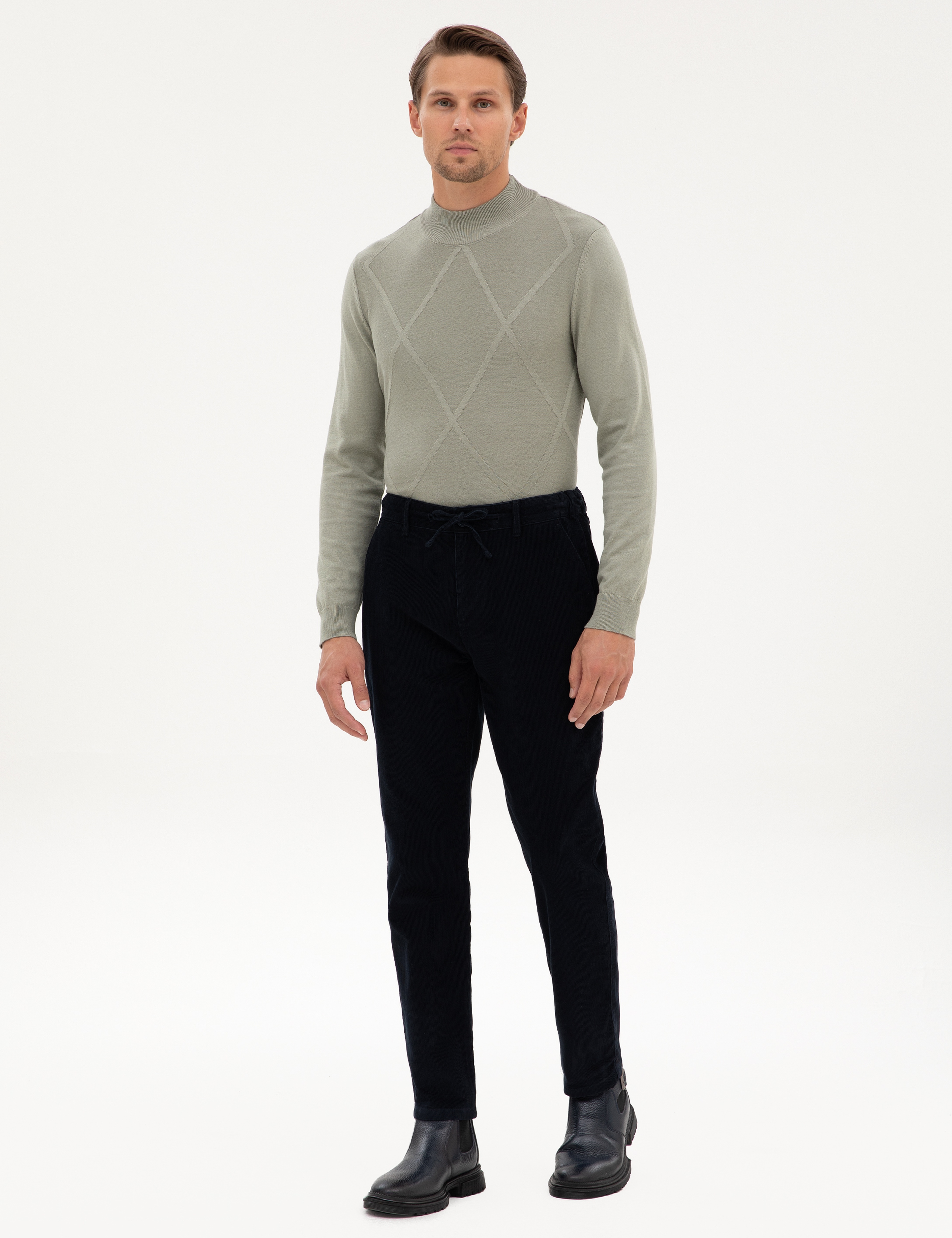 Lacivert Carrot Fit Beli Lastikli Kordonlu Kanvas Pantolon - Image 1