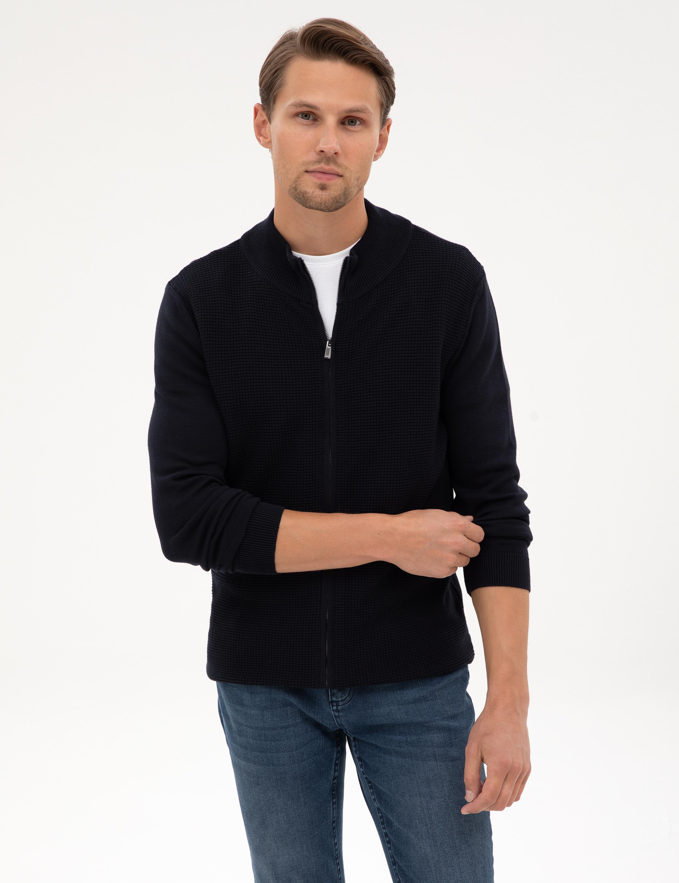 Lacivert Slim Fit Fermuarlı Triko Hırka