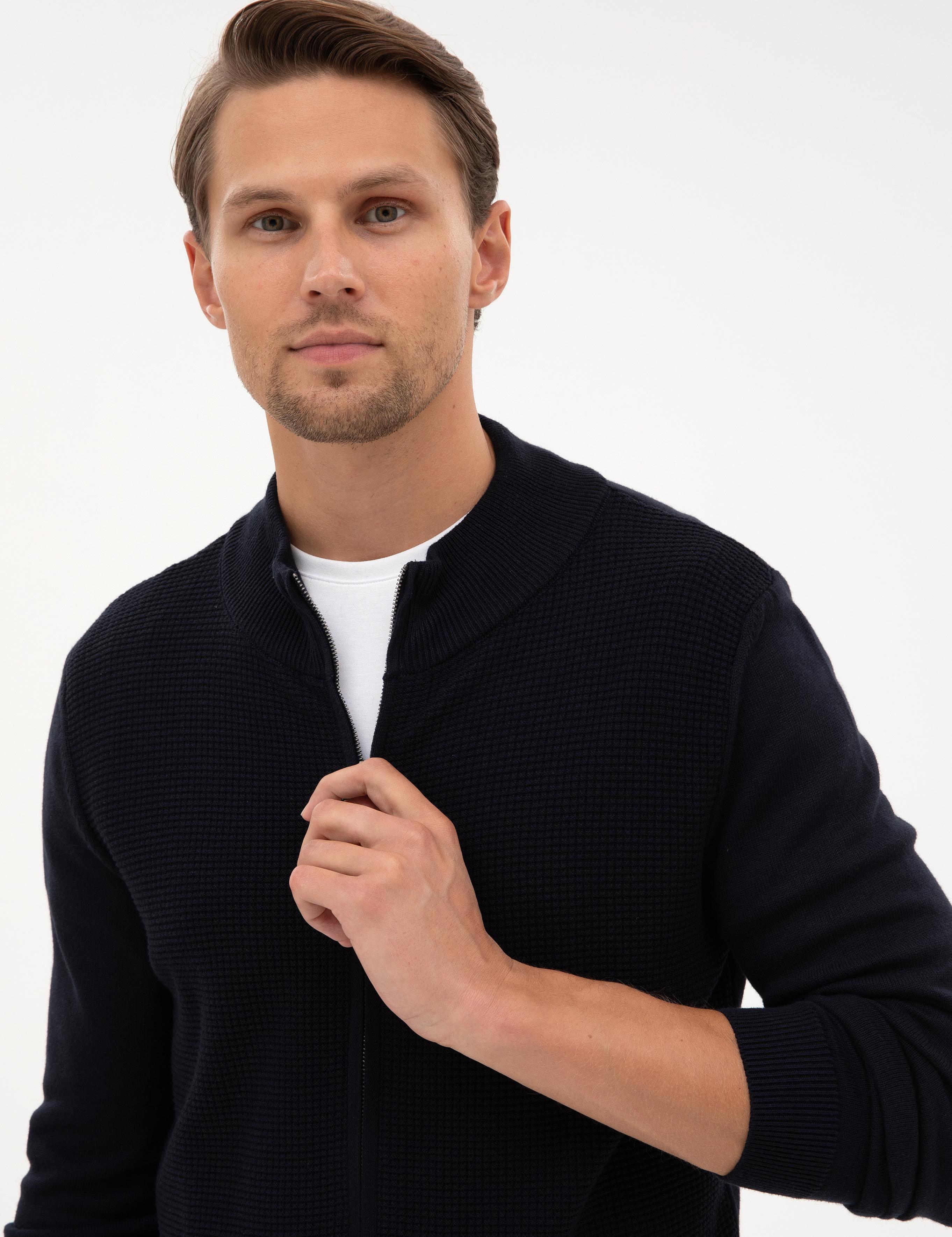 Lacivert Slim Fit Fermuarlı Triko Hırka