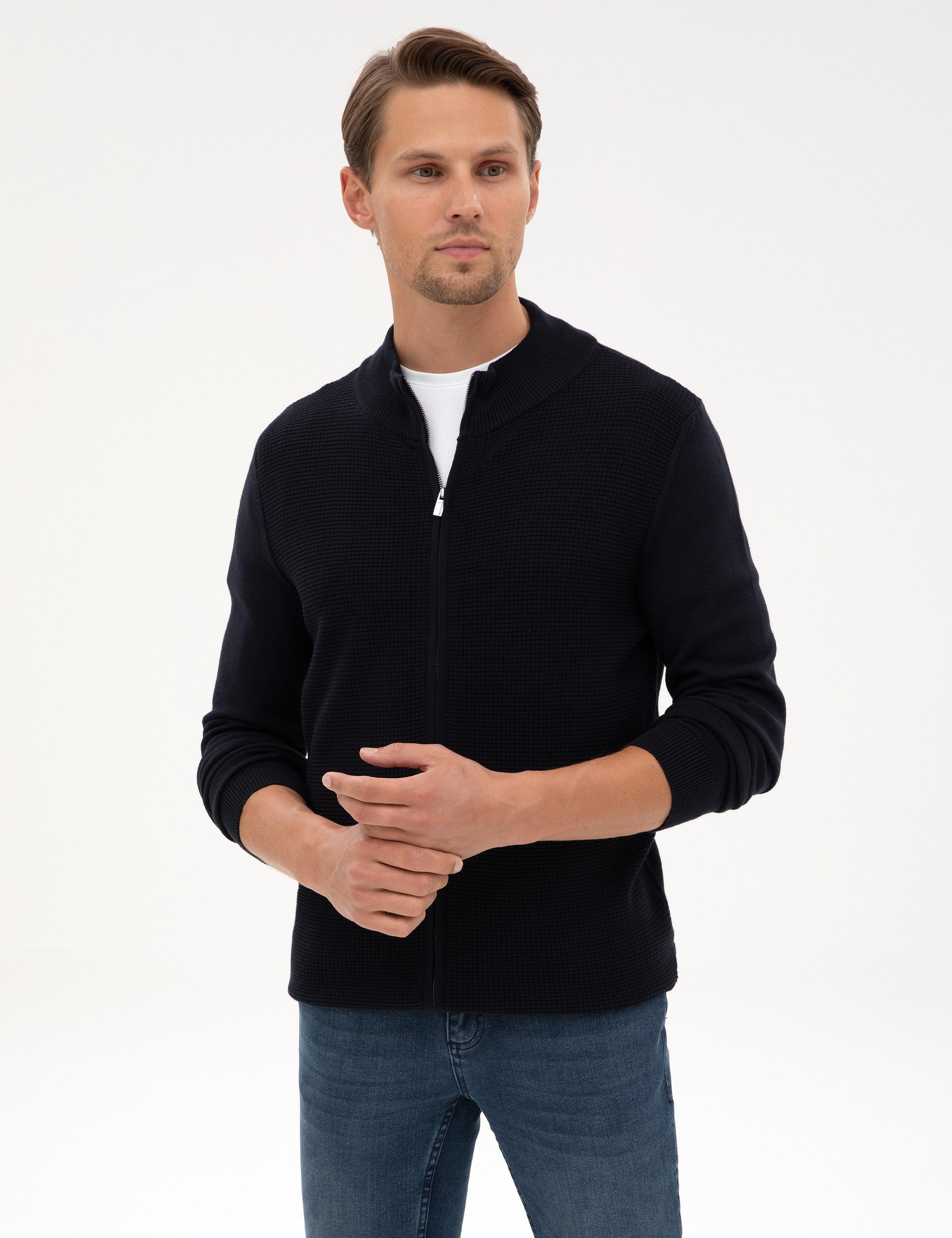 Lacivert Slim Fit Fermuarlı Triko Hırka