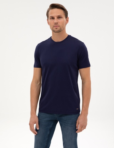 Lacivert Slim Fit %100 Pamuk Bisiklet Yaka Basic Tişört