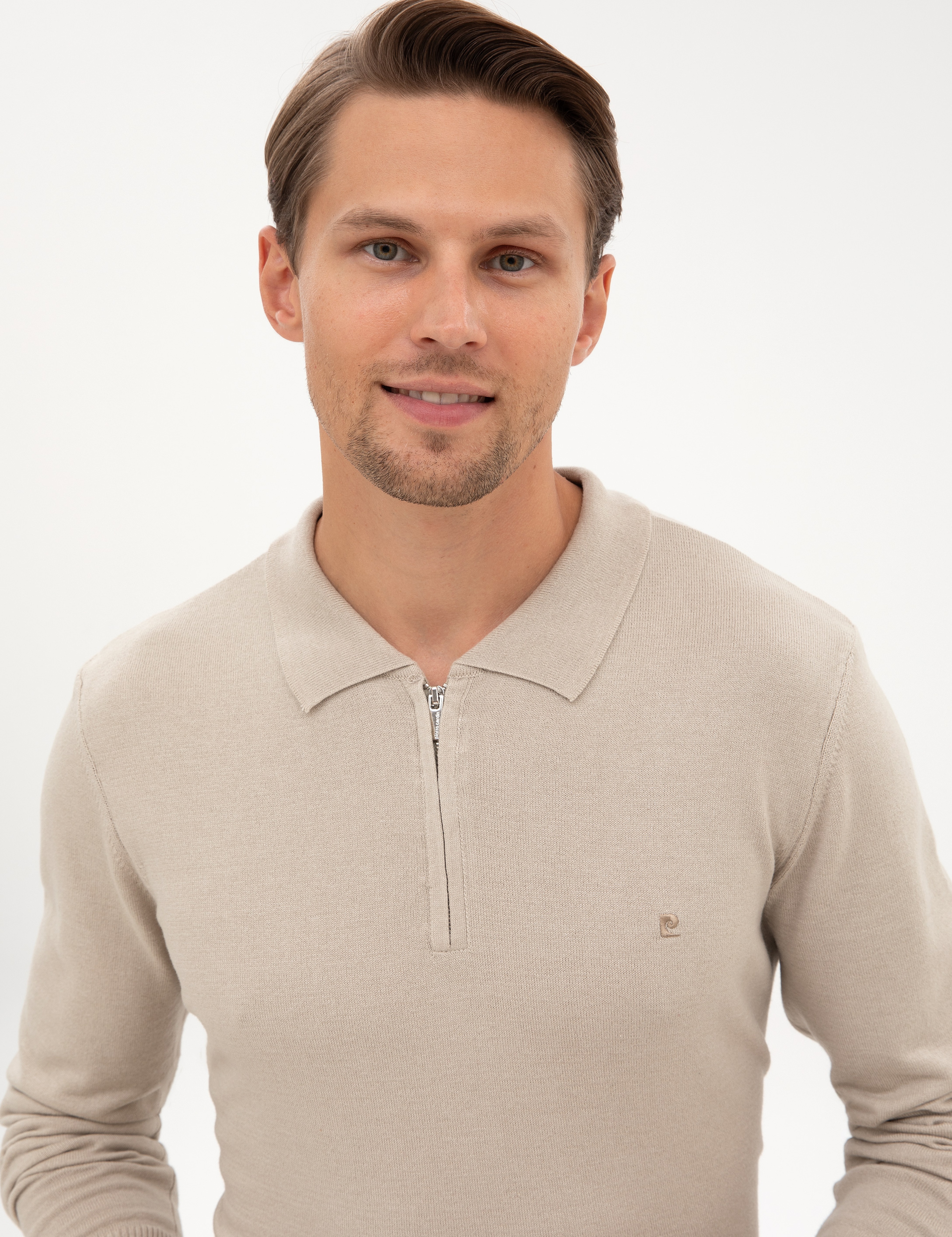 Kum Melanj Slim Fit Fermuarlı Polo Yaka Basic Triko Kazak - Image 2