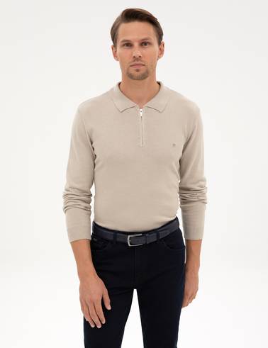 Kum Melanj Slim Fit Fermuarlı Polo Yaka Basic Triko Kazak