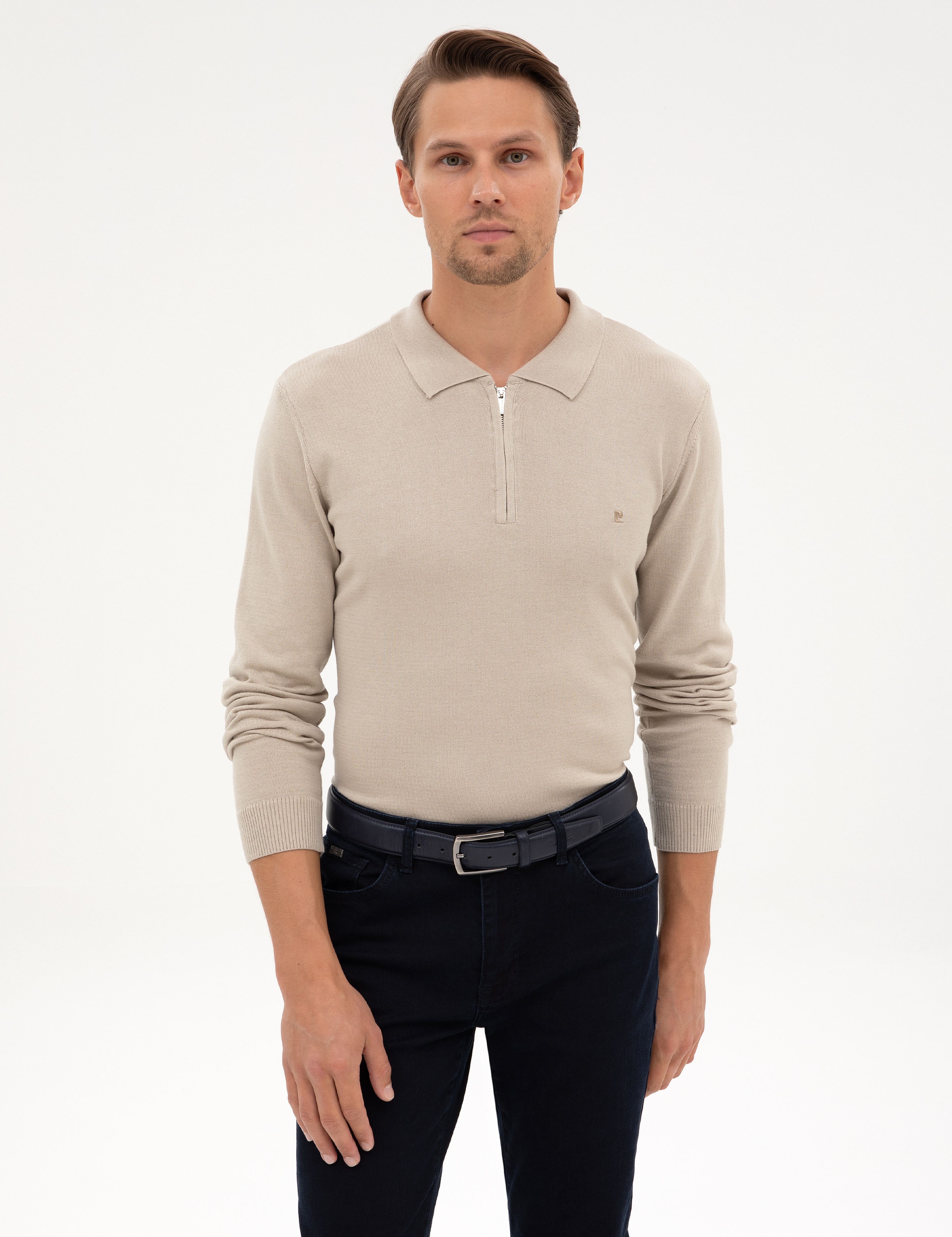 Kum Melanj Slim Fit Fermuarlı Polo Yaka Basic Triko Kazak - Image 1