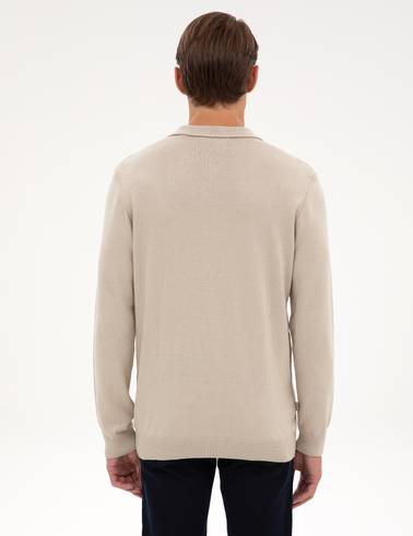 Kum Melanj Slim Fit Fermuarlı Polo Yaka Basic Triko Kazak