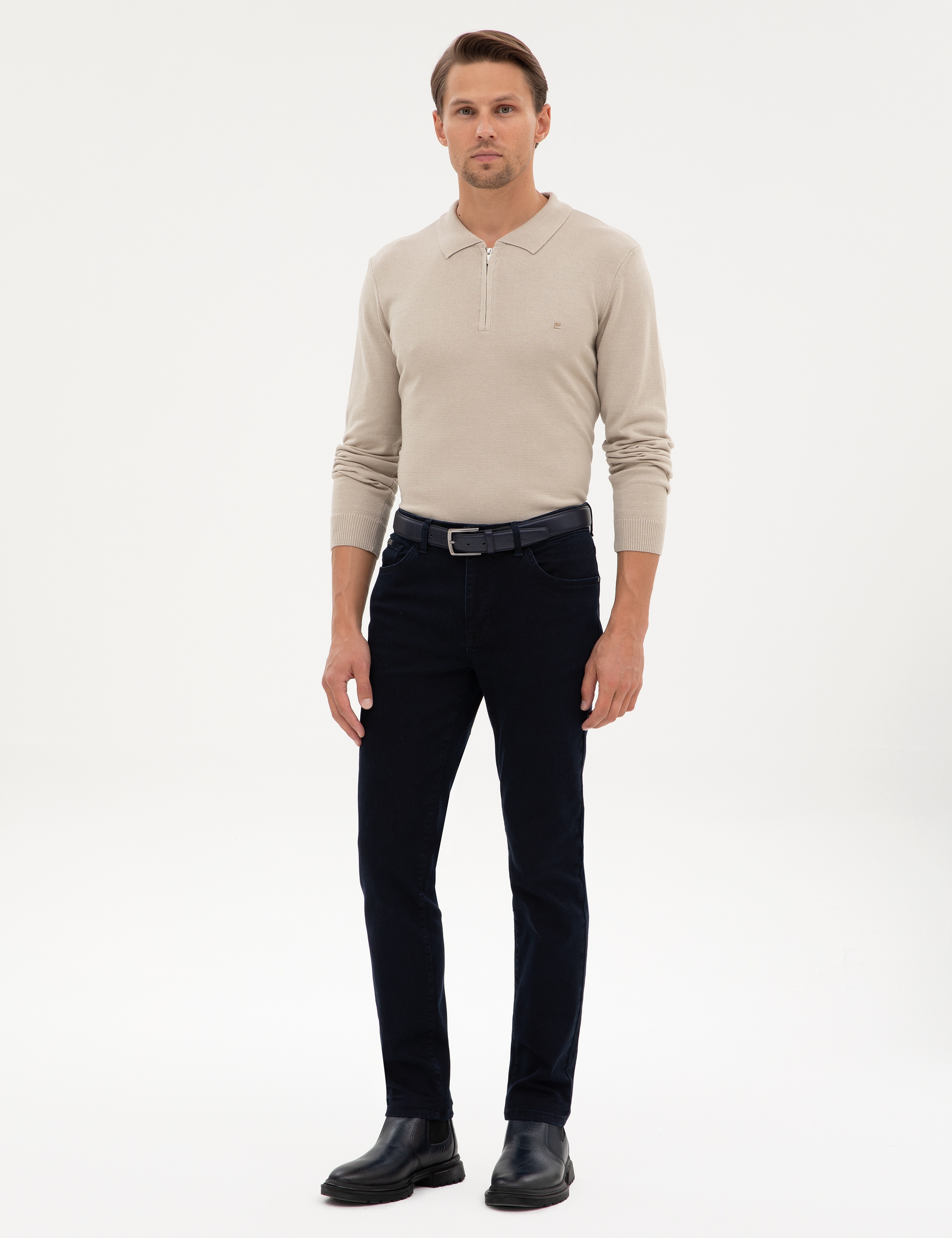 Kum Melanj Slim Fit Fermuarlı Polo Yaka Basic Triko Kazak - Image 4