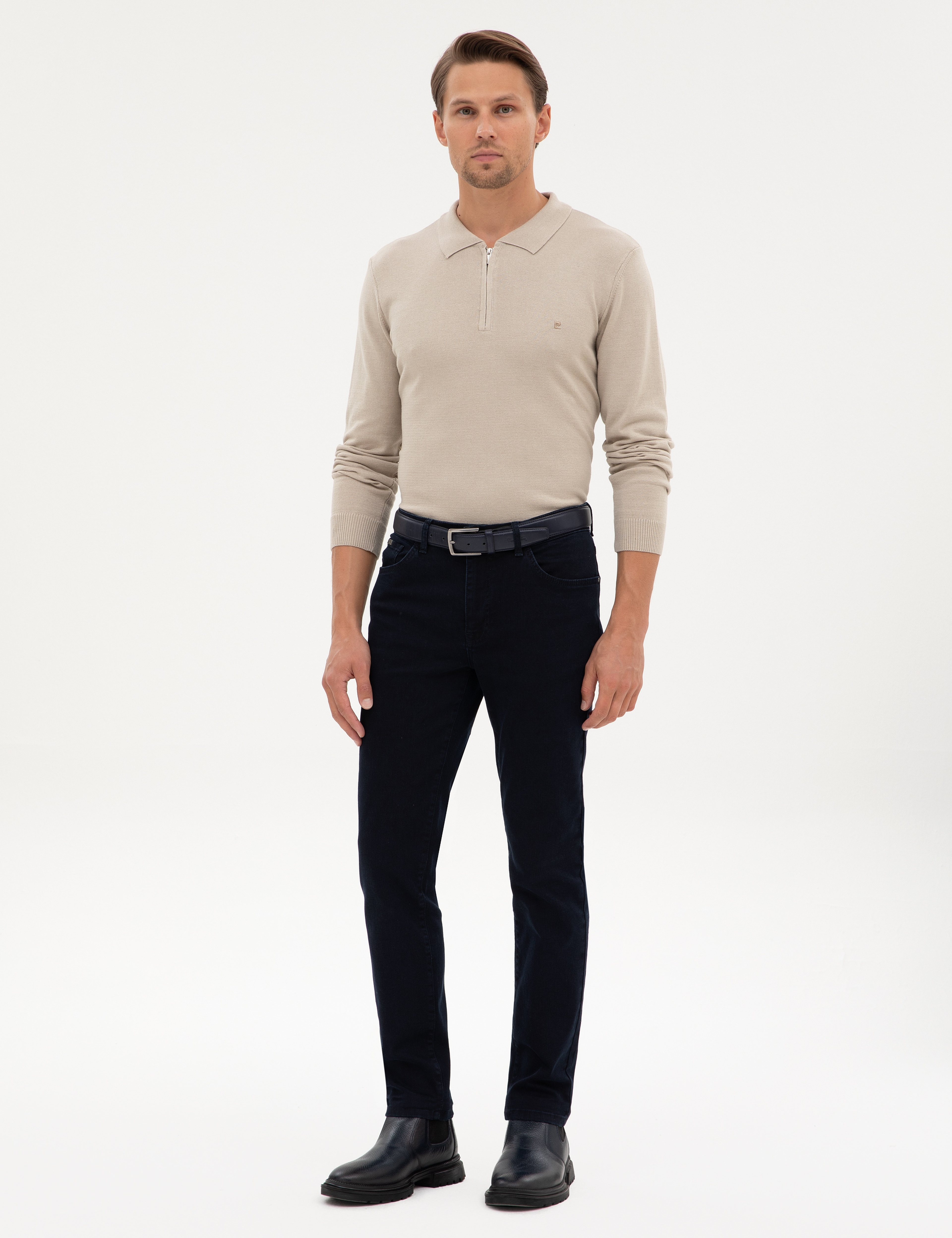 Kum Melanj Slim Fit Fermuarlı Polo Yaka Basic Triko Kazak