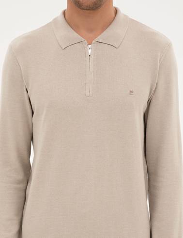 Kum Melanj Slim Fit Fermuarlı Polo Yaka Basic Triko Kazak