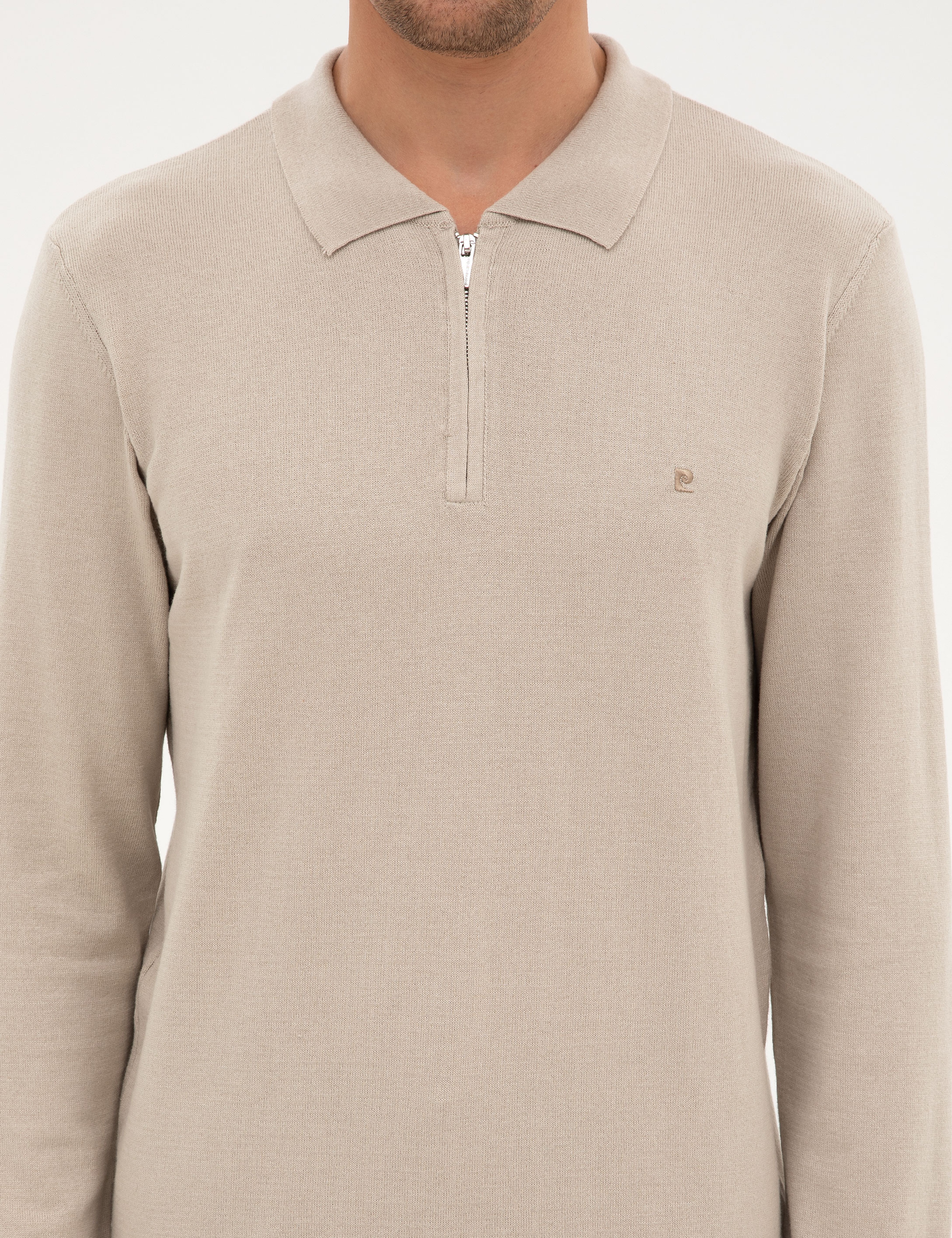 Kum Melanj Slim Fit Fermuarlı Polo Yaka Basic Triko Kazak
