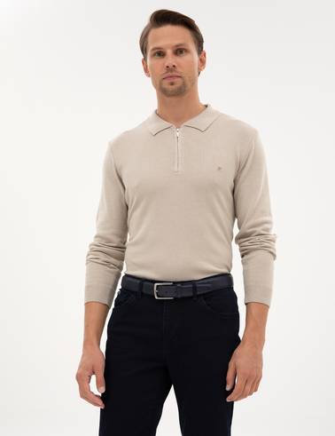 Kum Melanj Slim Fit Fermuarlı Polo Yaka Basic Triko Kazak