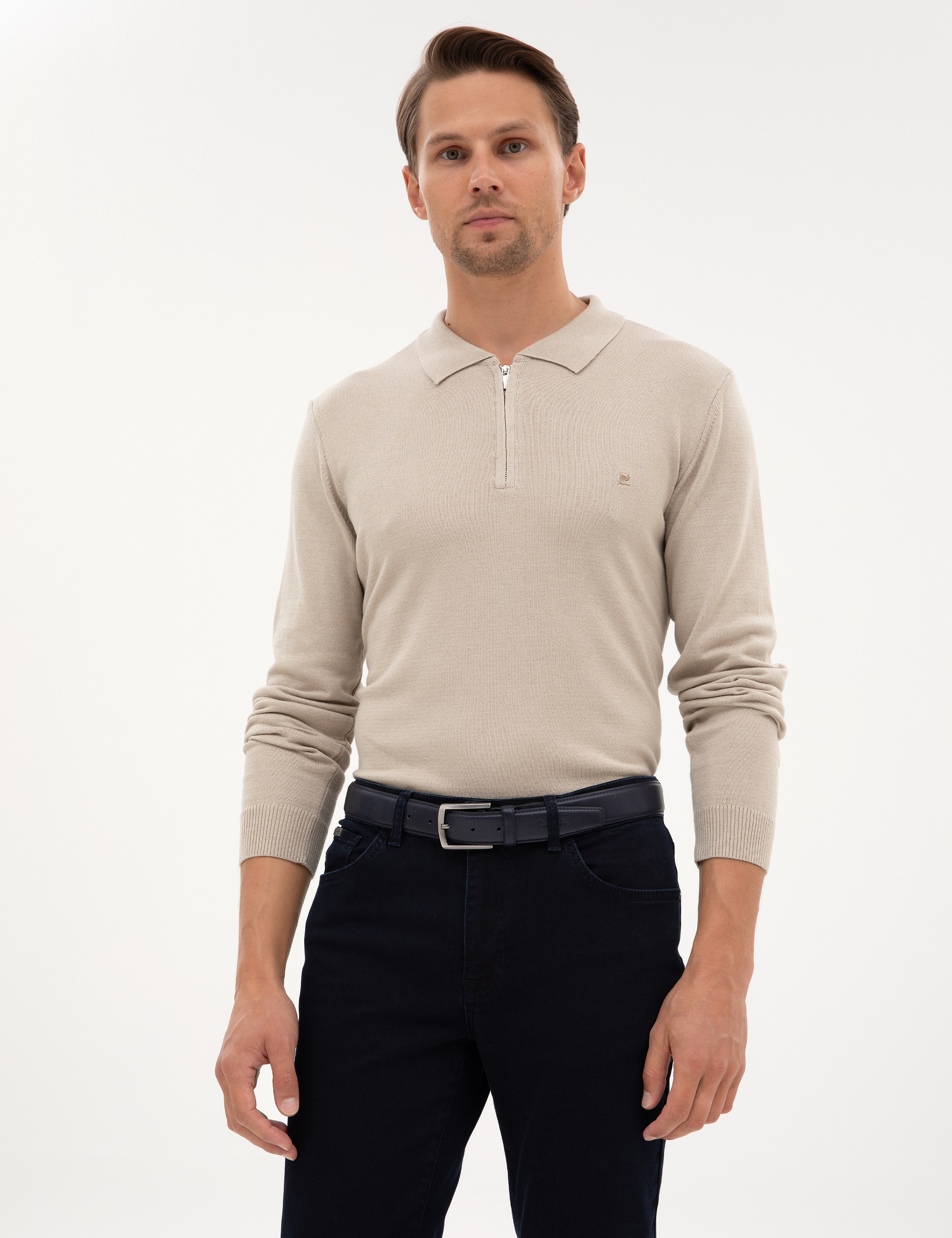 Kum Melanj Slim Fit Fermuarlı Polo Yaka Basic Triko Kazak