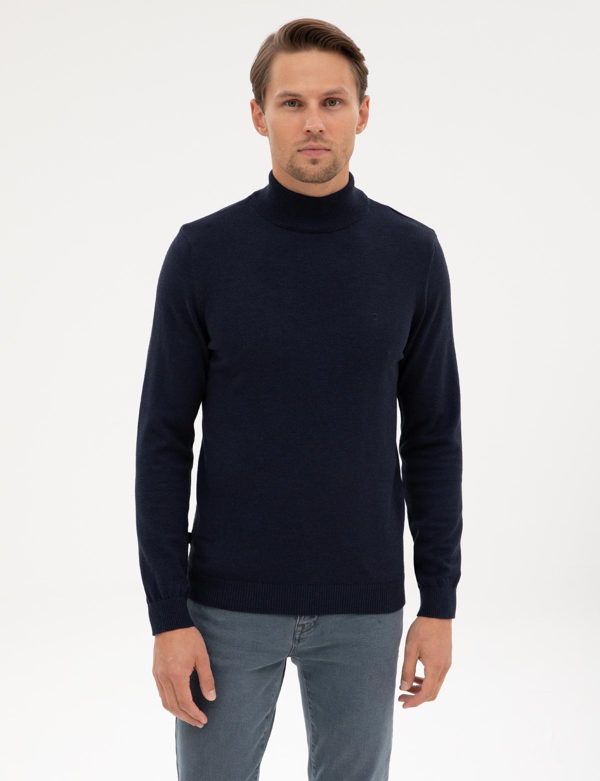 Lacivert Melanj Slim Fit Yarım Balıkçı Yaka Basic Triko Kazak