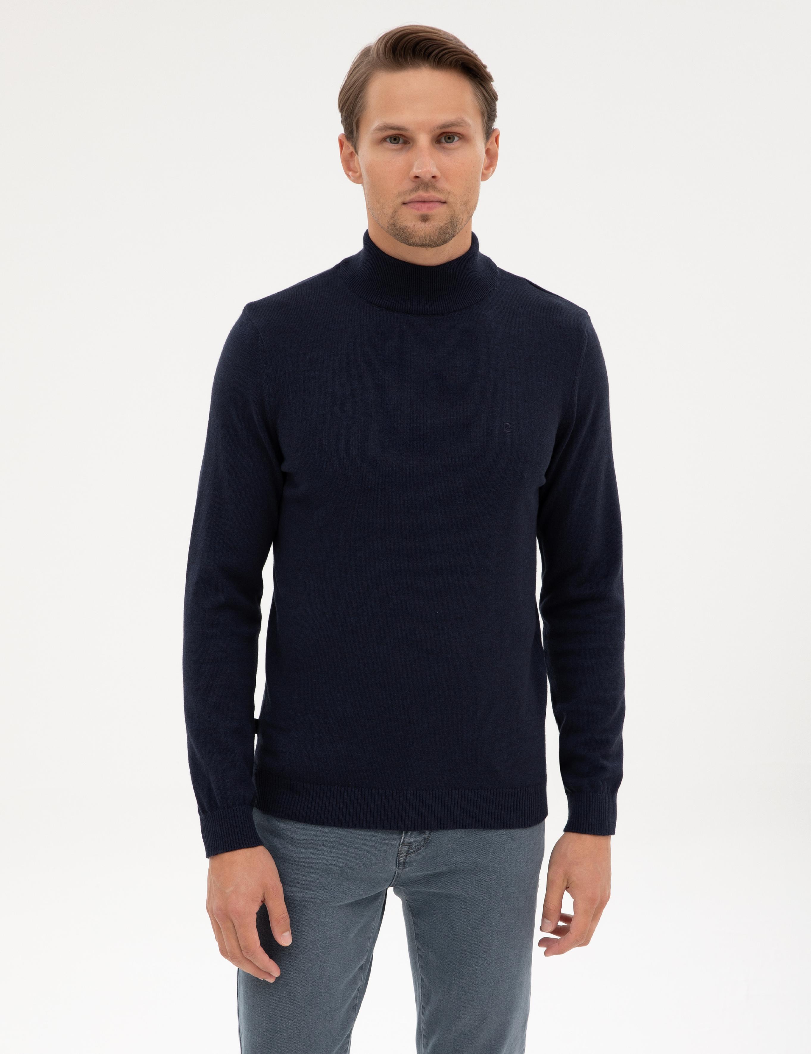 Lacivert Melanj Slim Fit Yarım Balıkçı Yaka Basic Triko Kazak