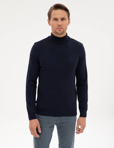 Lacivert Melanj Slim Fit Yarım Balıkçı Yaka Basic Triko Kazak