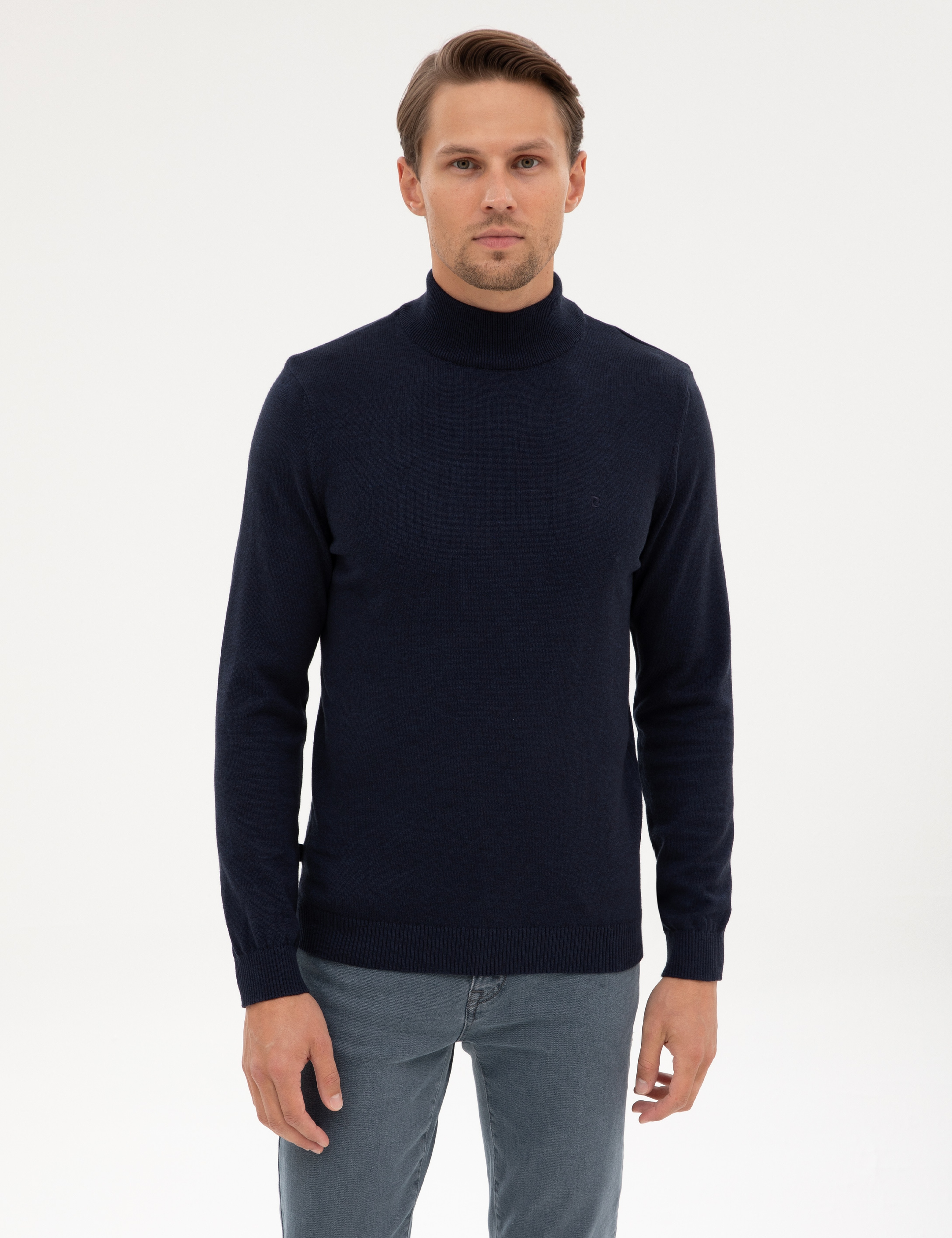 Lacivert Melanj Slim Fit Yarım Balıkçı Yaka Basic Triko Kazak - Image 1
