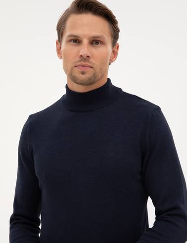 Lacivert Melanj Slim Fit Yarım Balıkçı Yaka Basic Triko Kazak