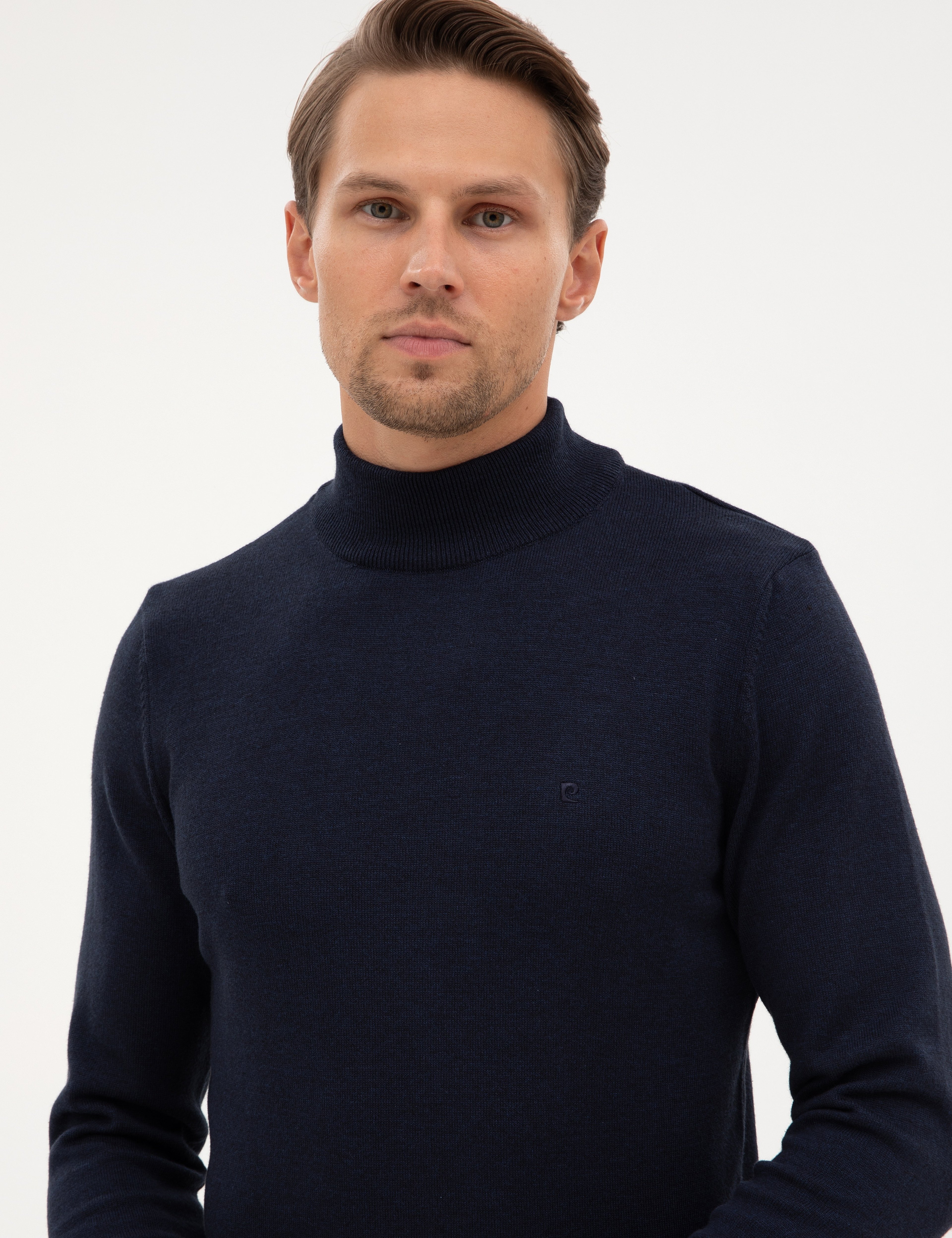 Lacivert Melanj Slim Fit Yarım Balıkçı Yaka Basic Triko Kazak