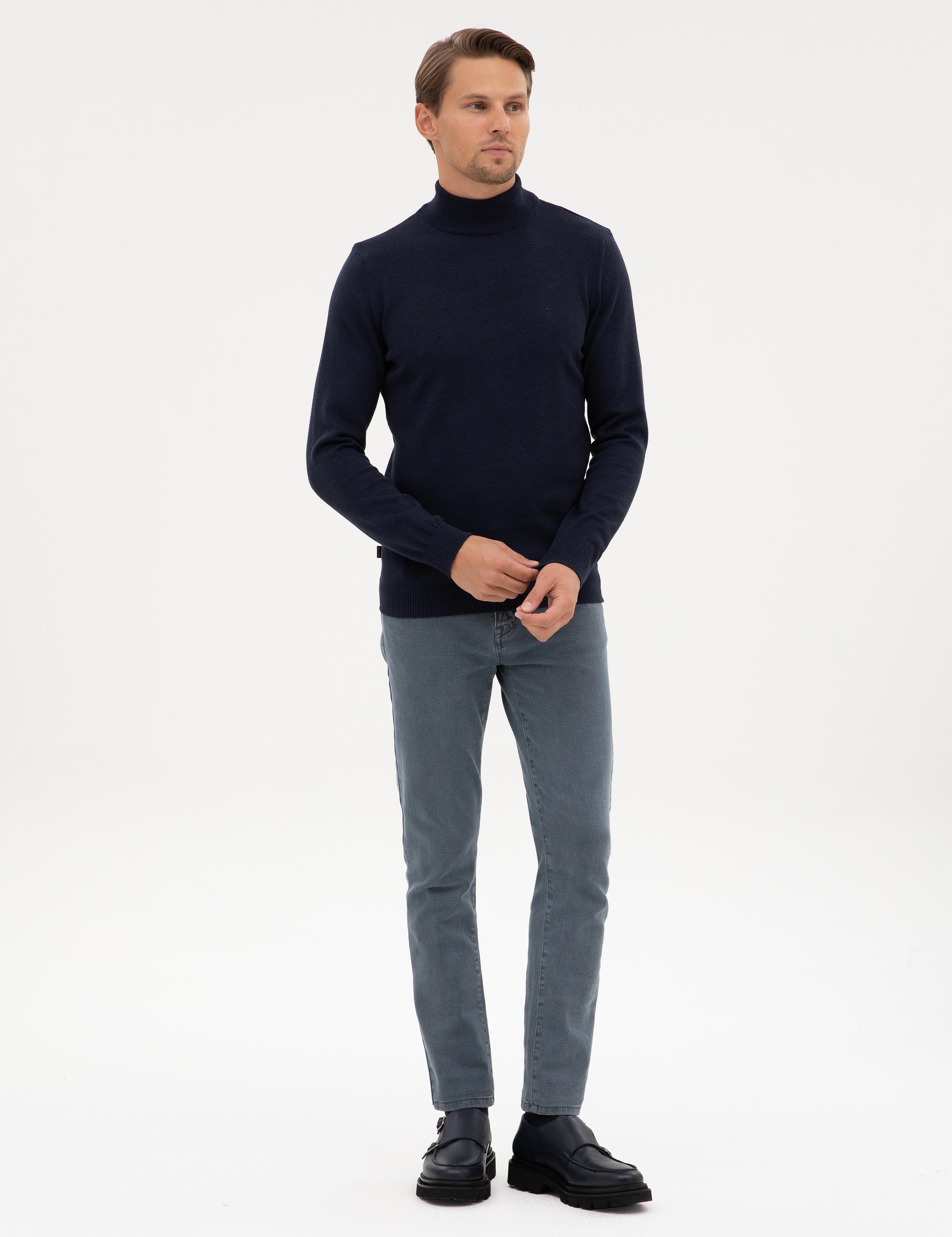 Lacivert Melanj Slim Fit Yarım Balıkçı Yaka Basic Triko Kazak