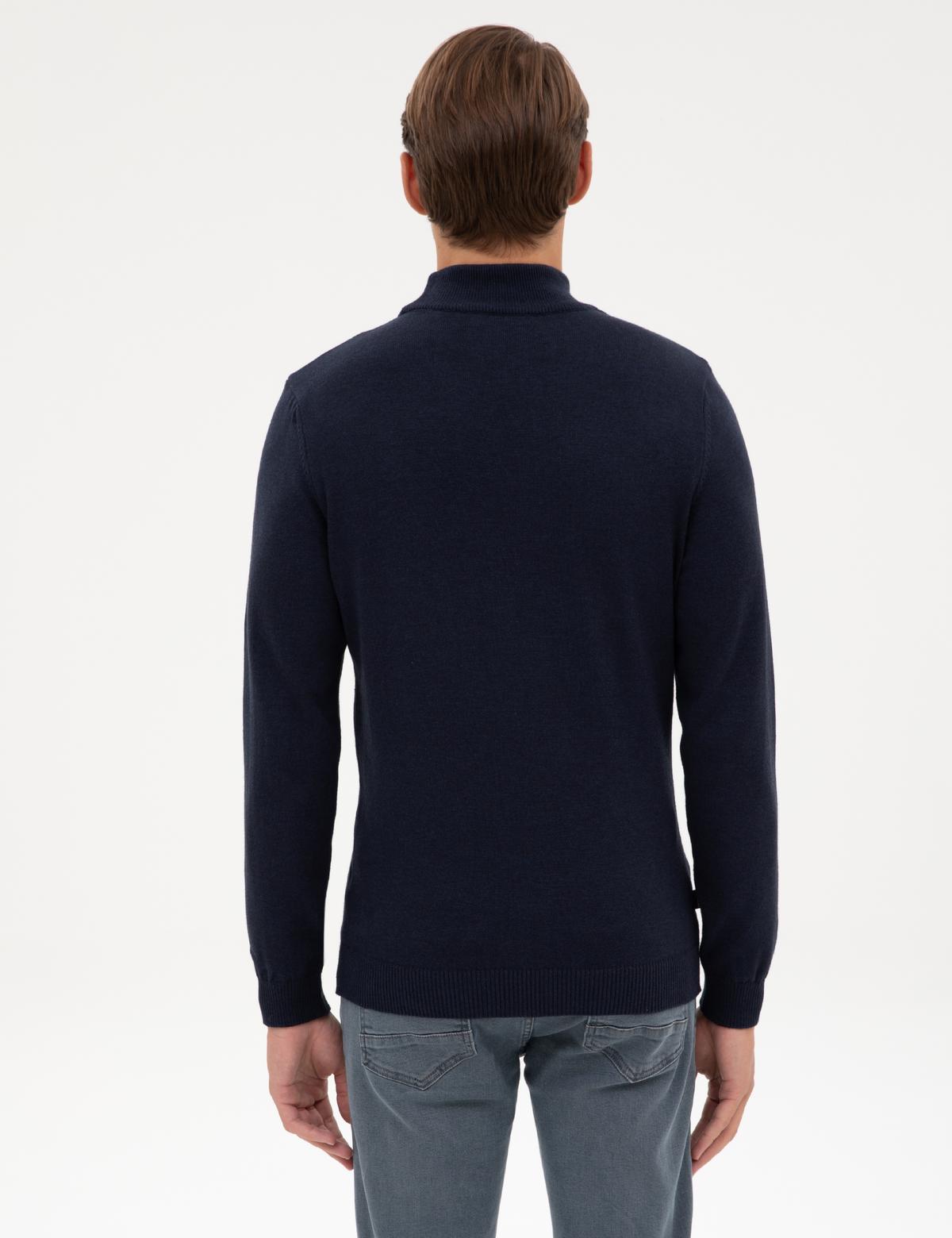 Lacivert Melanj Slim Fit Yarım Balıkçı Yaka Basic Triko Kazak - 50315457051