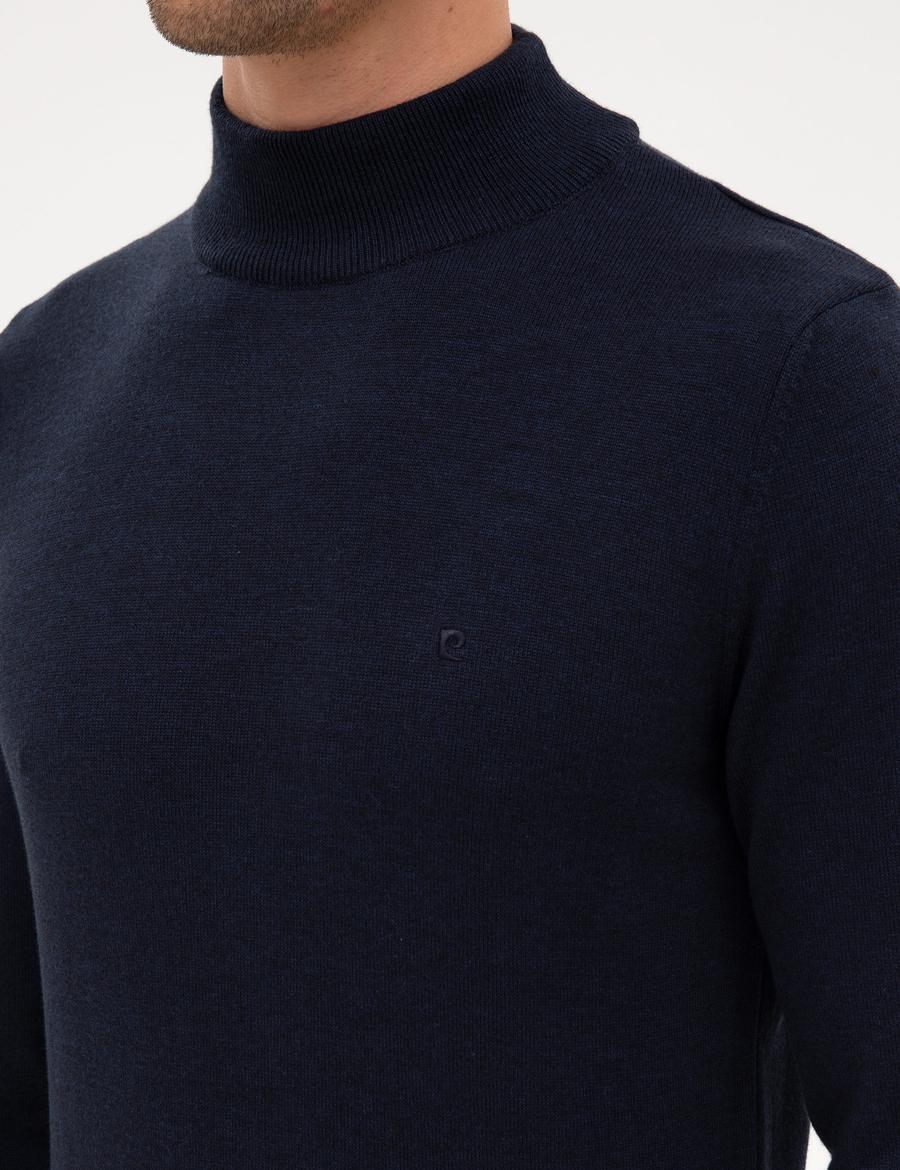 Lacivert Melanj Slim Fit Yarım Balıkçı Yaka Basic Triko Kazak