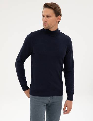 Lacivert Melanj Slim Fit Yarım Balıkçı Yaka Basic Triko Kazak