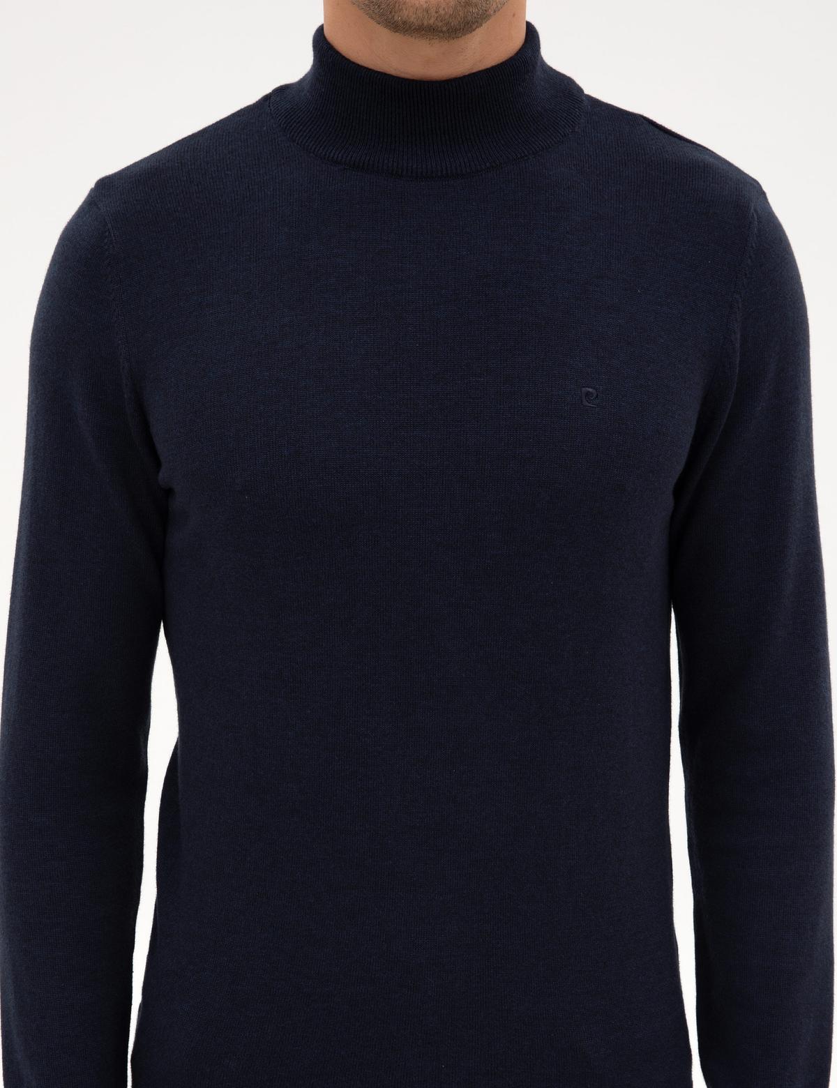 Lacivert Melanj Slim Fit Yarım Balıkçı Yaka Basic Triko Kazak - 50315457051