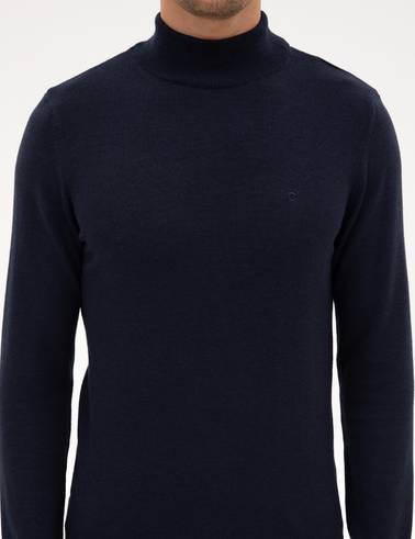 Lacivert Melanj Slim Fit Yarım Balıkçı Yaka Basic Triko Kazak