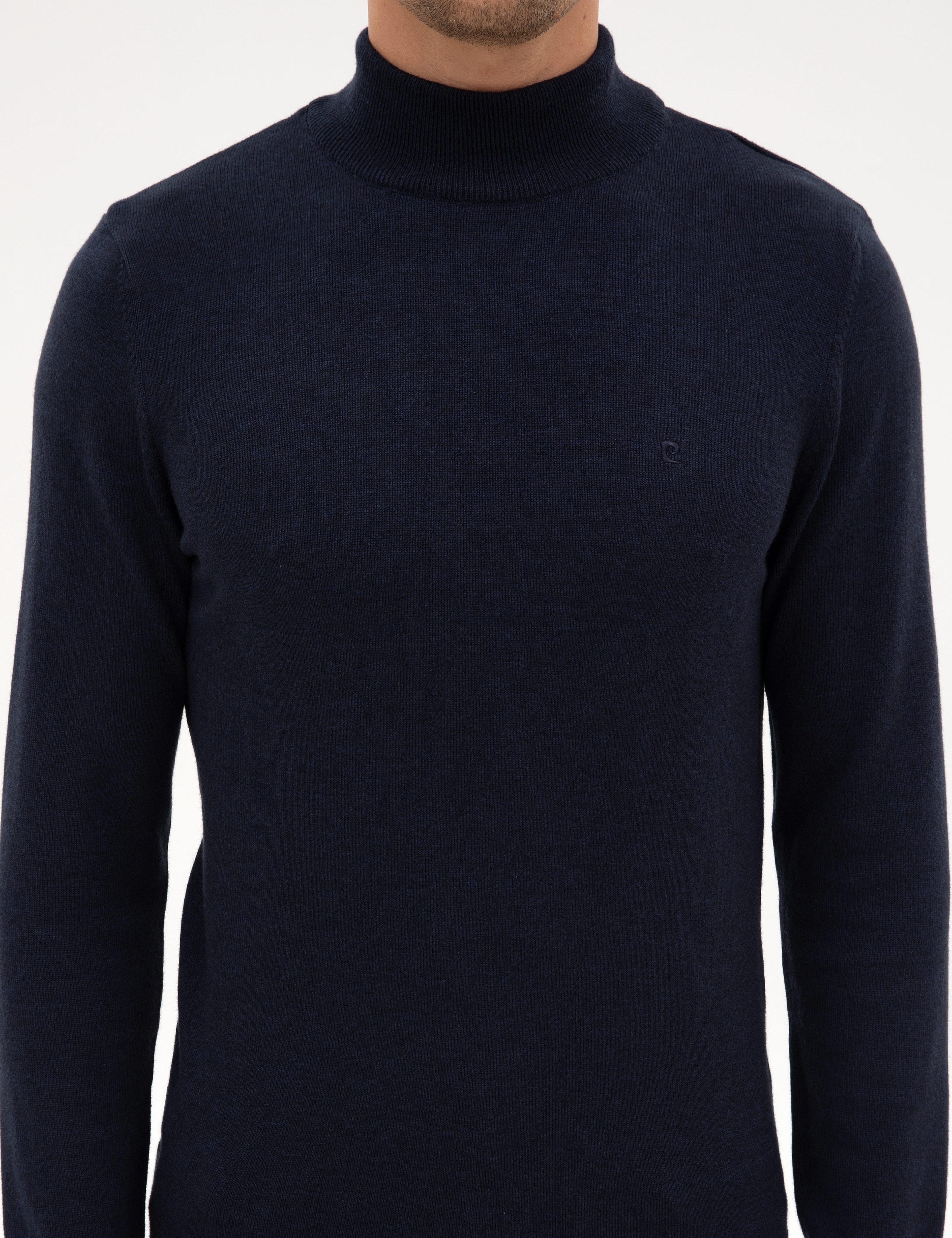 Lacivert Melanj Slim Fit Yarım Balıkçı Yaka Basic Triko Kazak