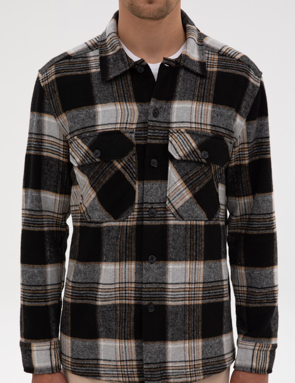 Siyah Klasik Yaka Çift Cepli Oduncu Gömlek Ceket - 50316763008