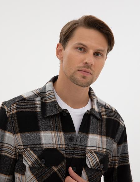 Siyah Klasik Yaka Çift Cepli Oduncu Gömlek Ceket - 50316763008