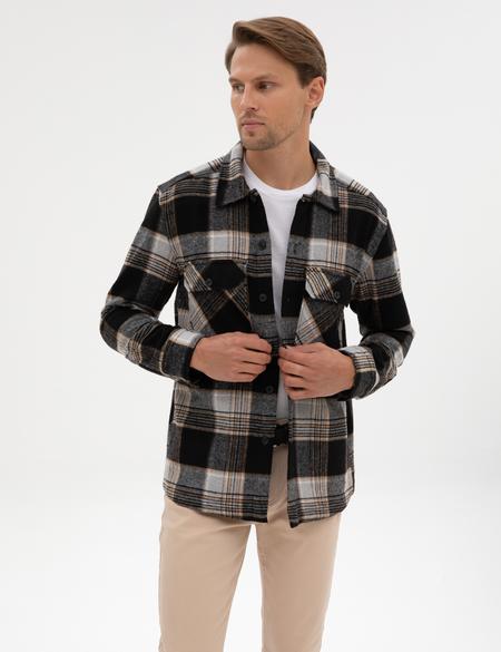 Siyah Klasik Yaka Çift Cepli Oduncu Gömlek Ceket - 50316763008