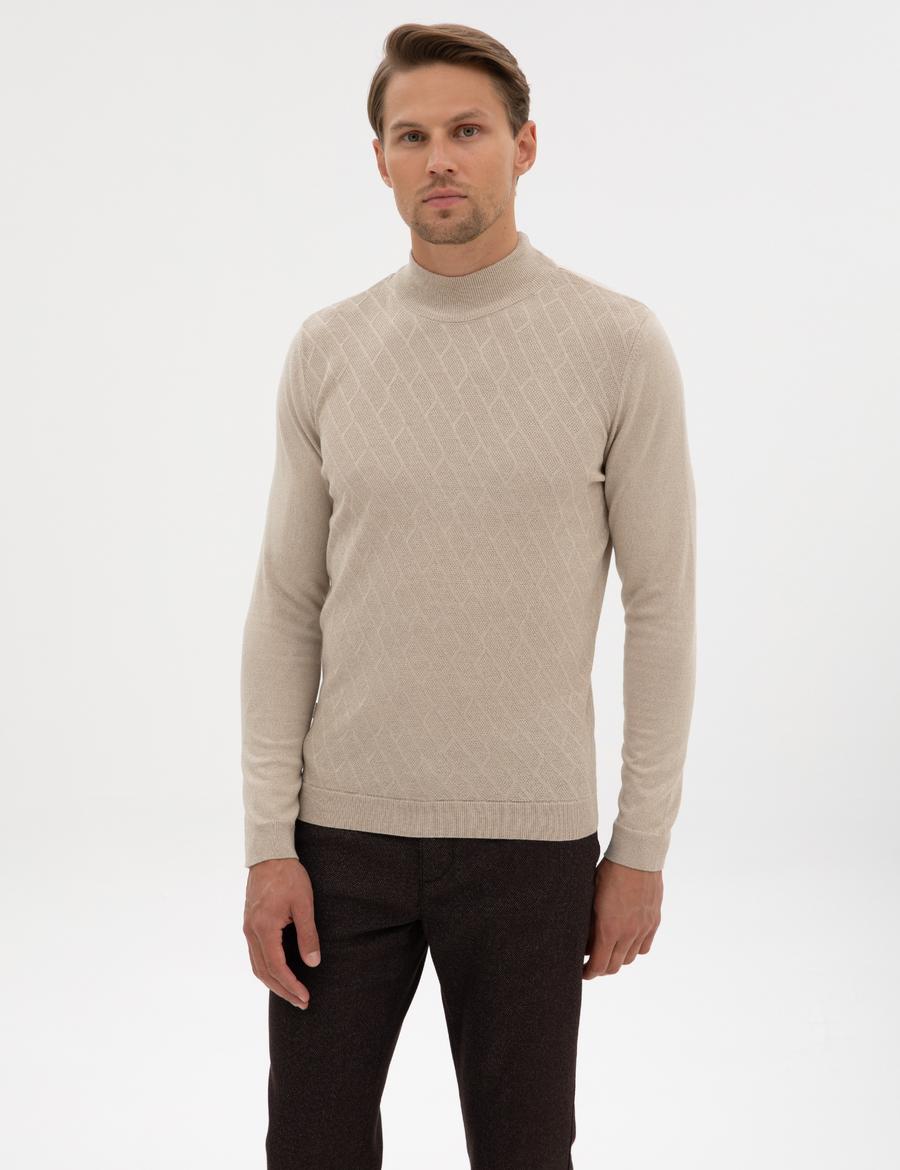 Kum Melanj Slim Fit Yarım Balıkçı Yaka Triko Kazak