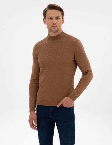 Camel Melanj Slim Fit Yarım Balıkçı Yaka Triko Kazak