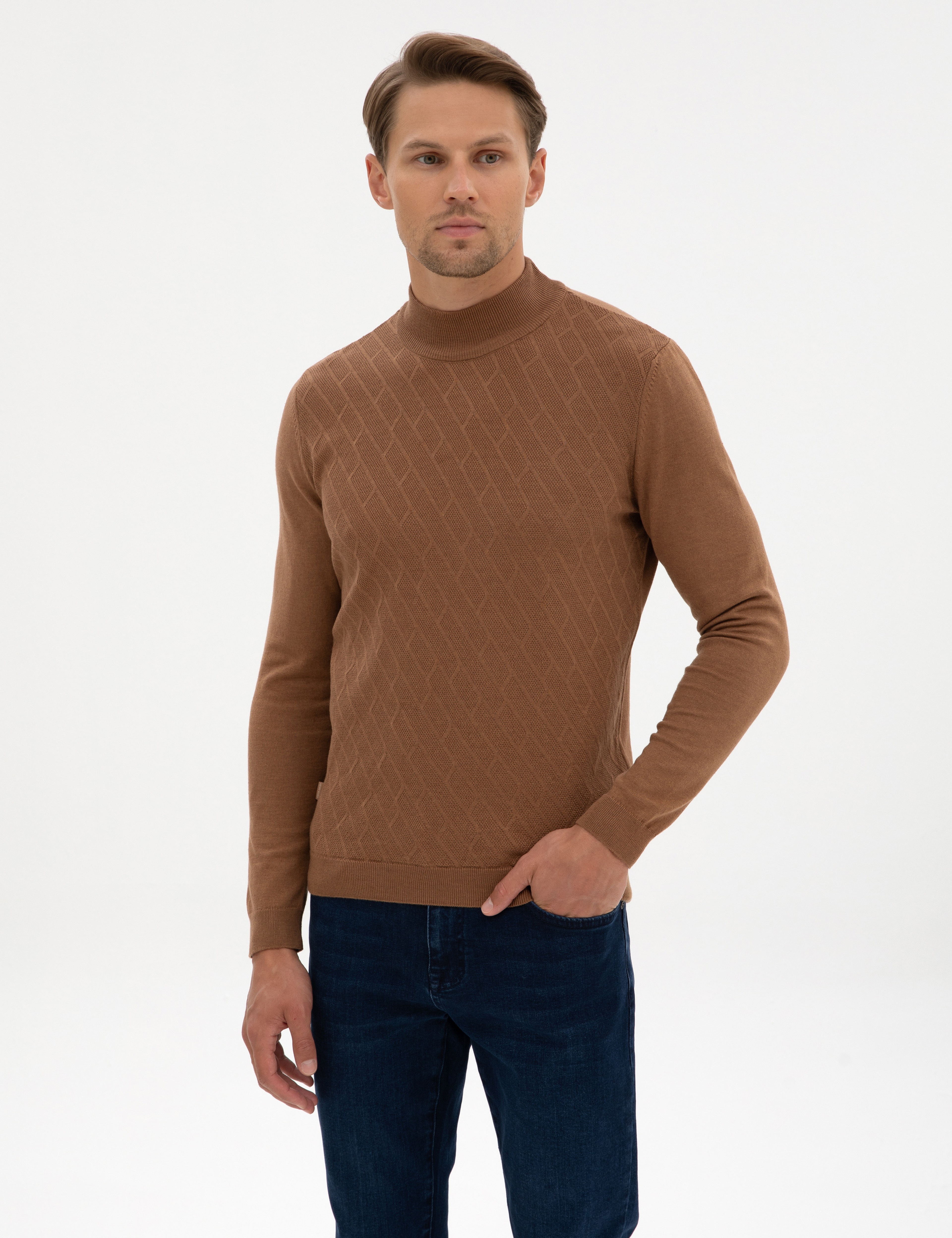 Camel Melanj Slim Fit Yarım Balıkçı Yaka Triko Kazak - Image 1