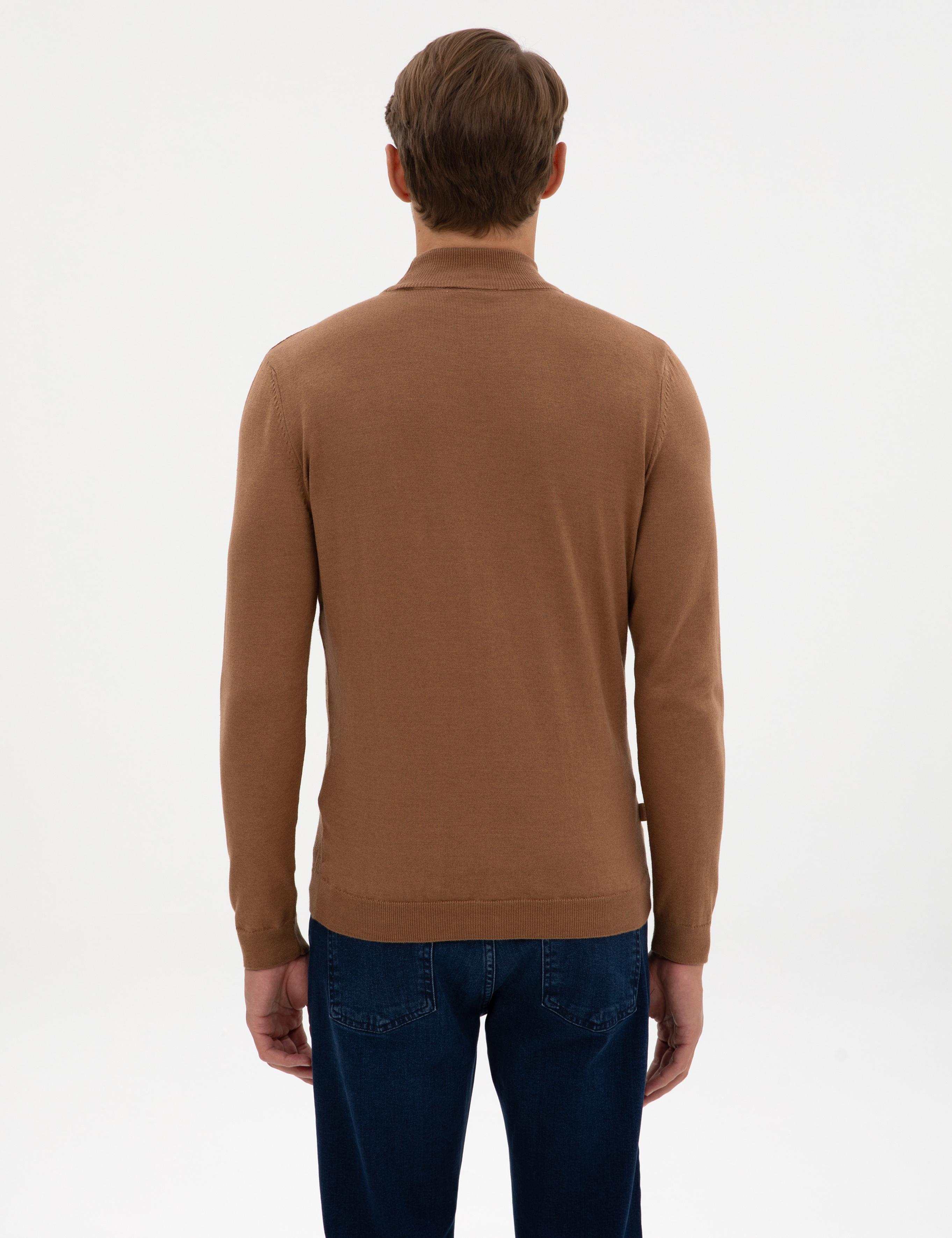 Camel Melanj Slim Fit Yarım Balıkçı Yaka Triko Kazak