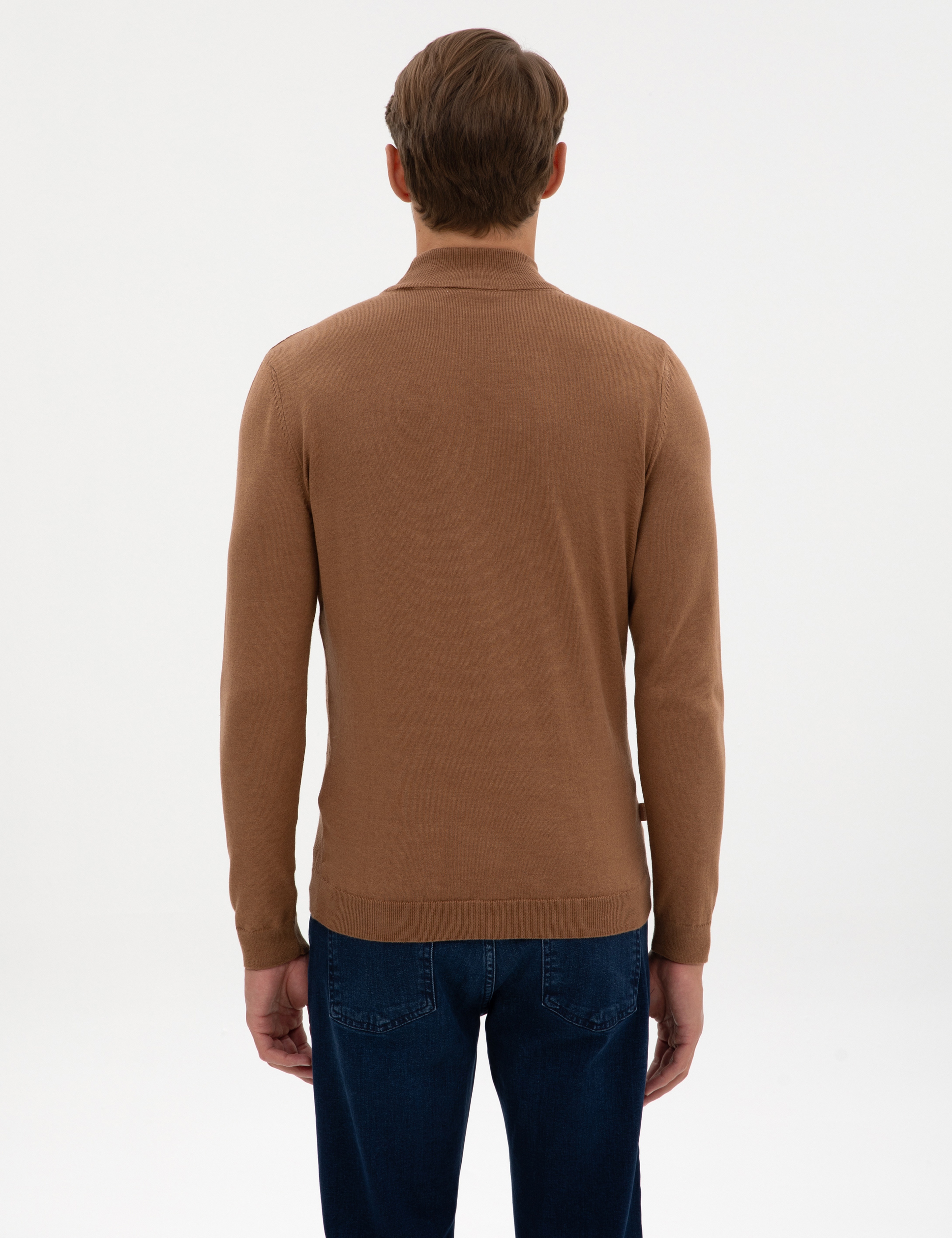 Camel Melanj Slim Fit Yarım Balıkçı Yaka Triko Kazak