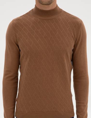 Camel Melanj Slim Fit Yarım Balıkçı Yaka Triko Kazak
