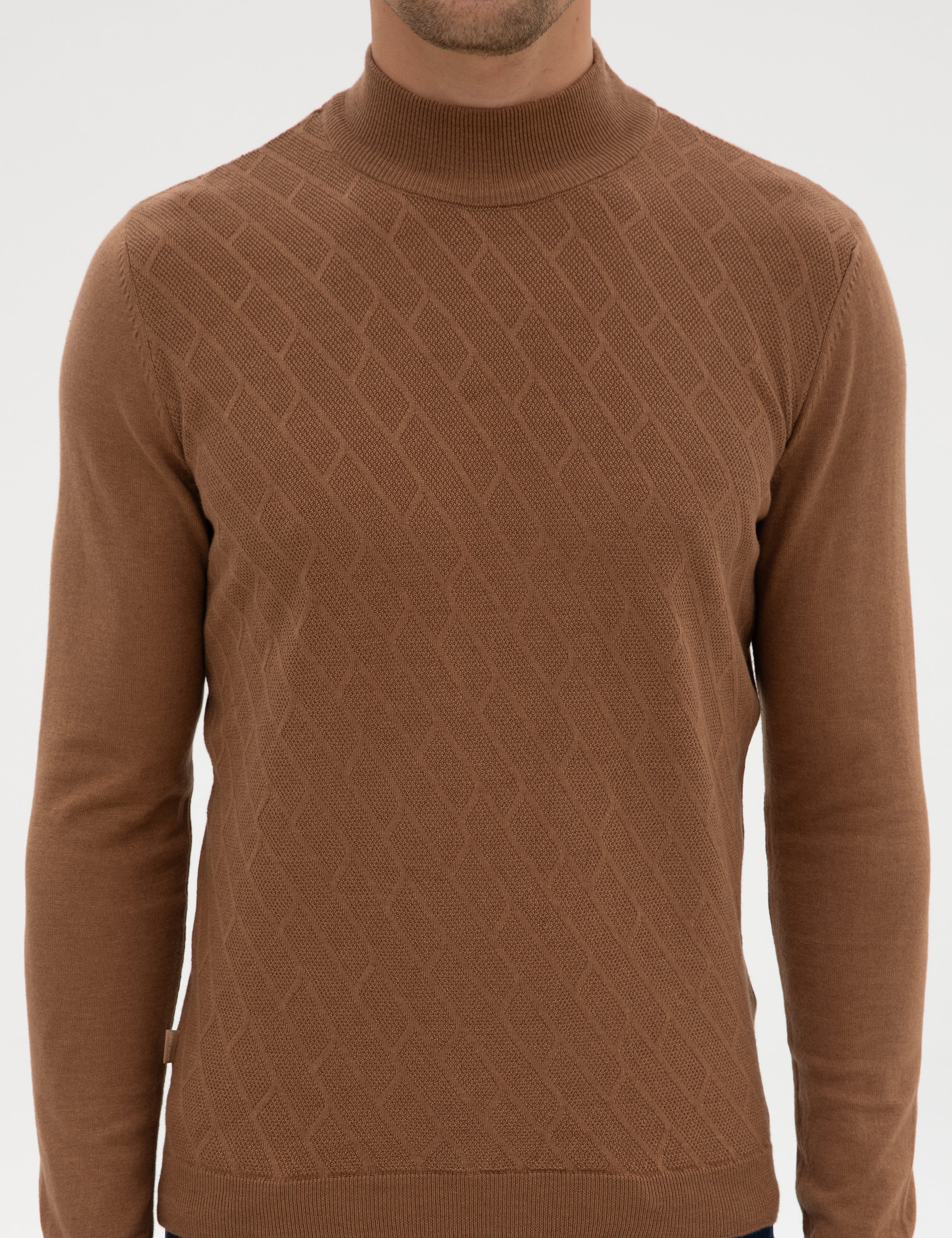 Camel Melanj Slim Fit Yarım Balıkçı Yaka Triko Kazak