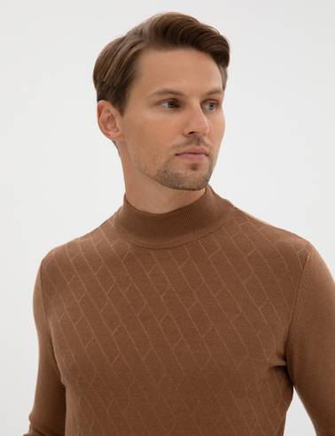 Camel Melanj Slim Fit Yarım Balıkçı Yaka Triko Kazak