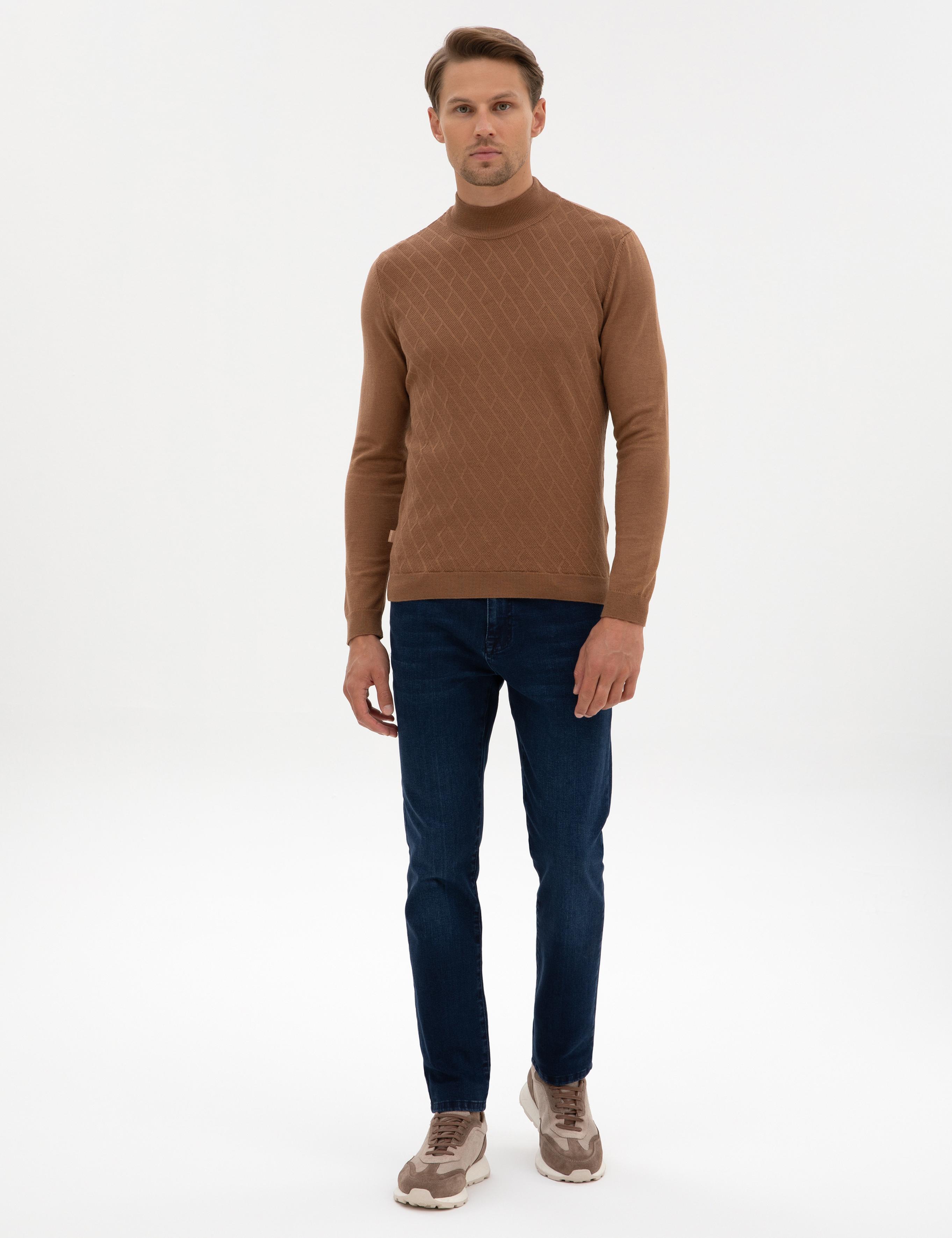 Camel Melanj Slim Fit Yarım Balıkçı Yaka Triko Kazak