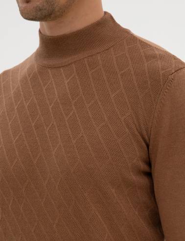 Camel Melanj Slim Fit Yarım Balıkçı Yaka Triko Kazak