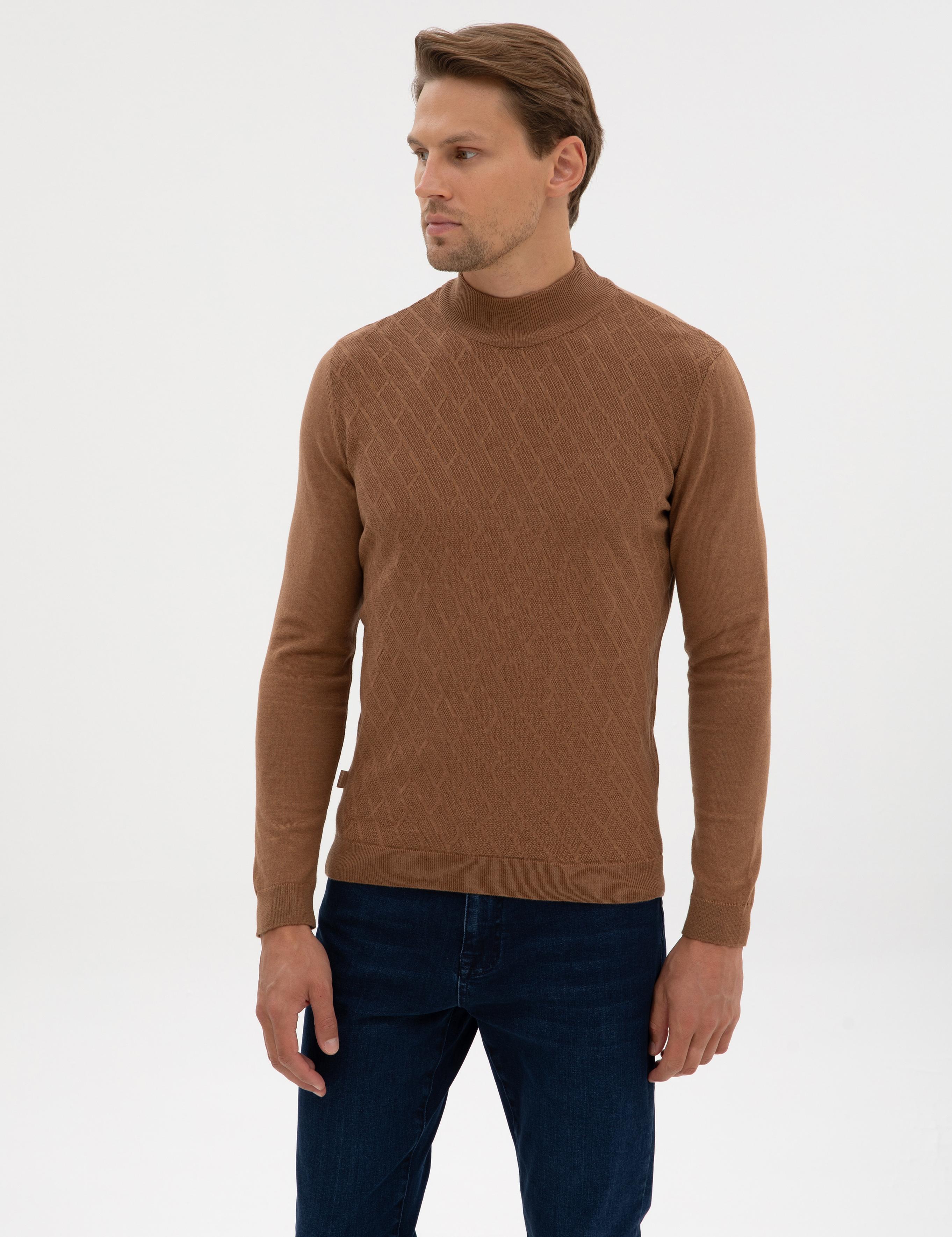 Camel Melanj Slim Fit Yarım Balıkçı Yaka Triko Kazak