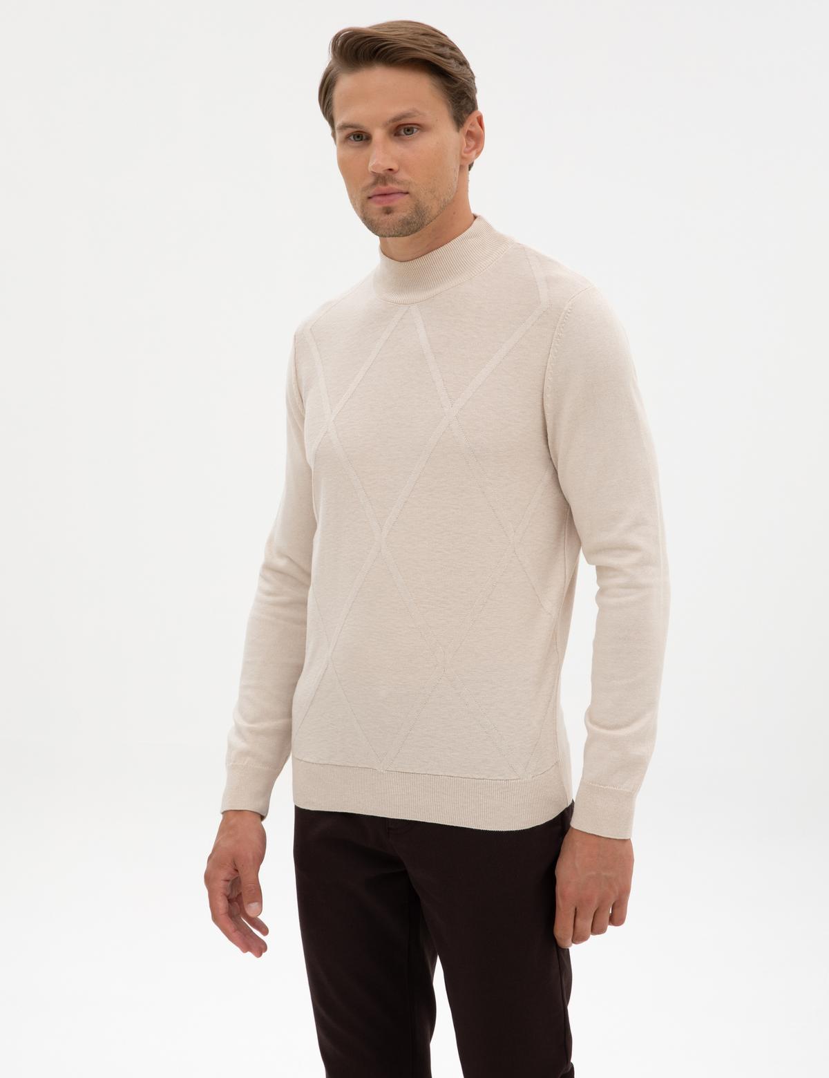 Krem Slim Fit Yarım Balıkçı Yaka Triko Kazak - 50317520023