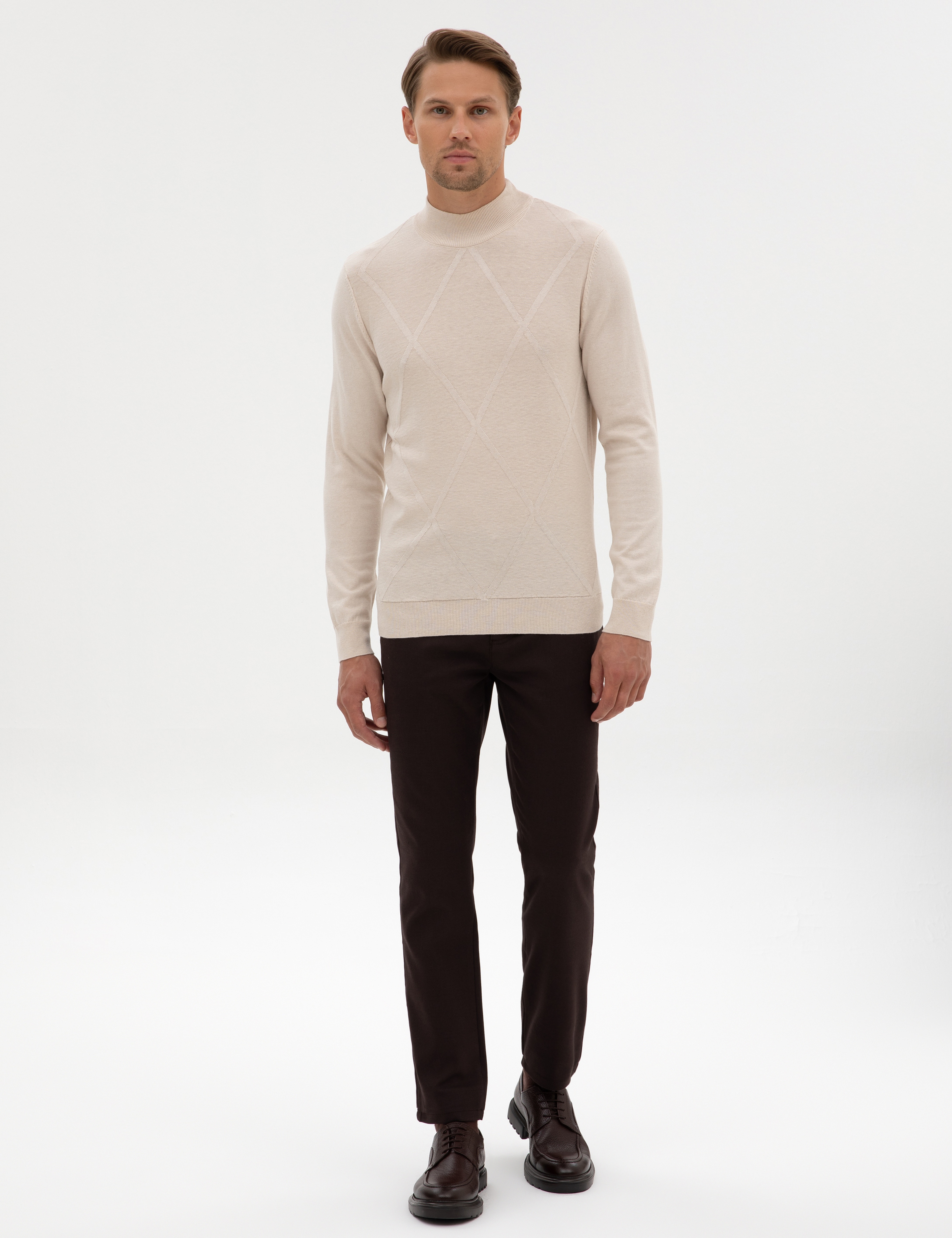 Krem Slim Fit Yarım Balıkçı Yaka Triko Kazak - Image 4