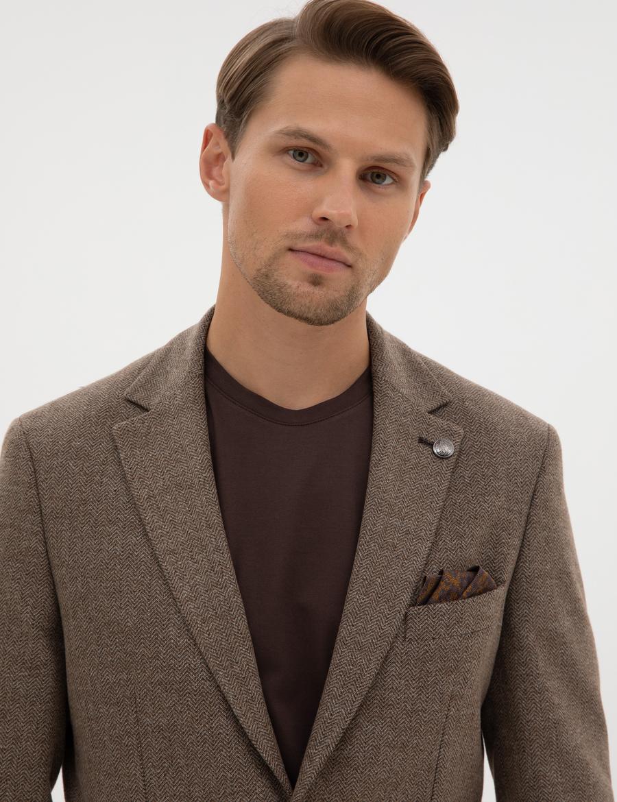 Kahverengi Slim Fit Balıksırtı Ceket